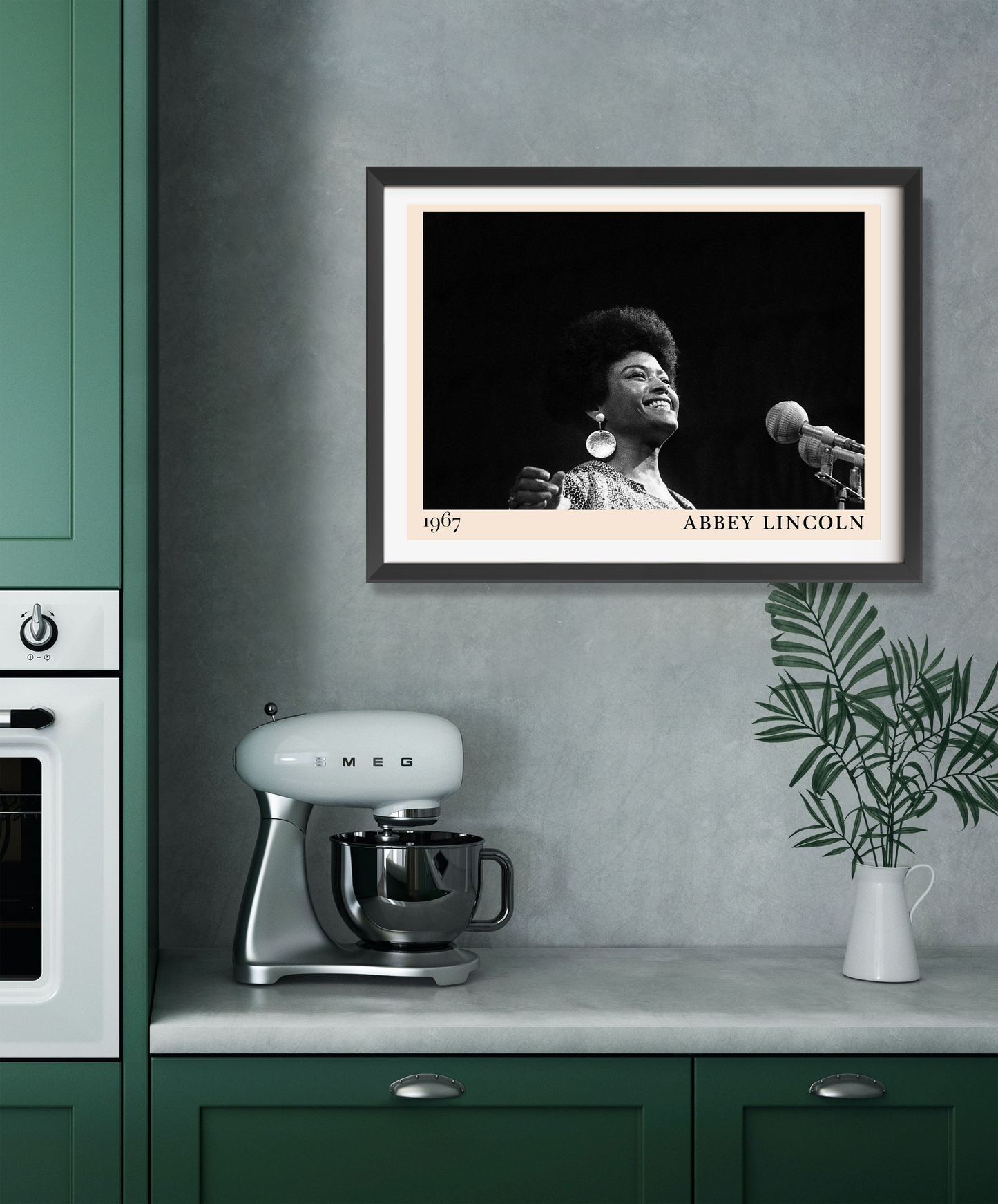 Abbey Lincoln Retro Jazz Poster in landscape 22 mount mockup, black and white 1967 design above modern green kitchen counter