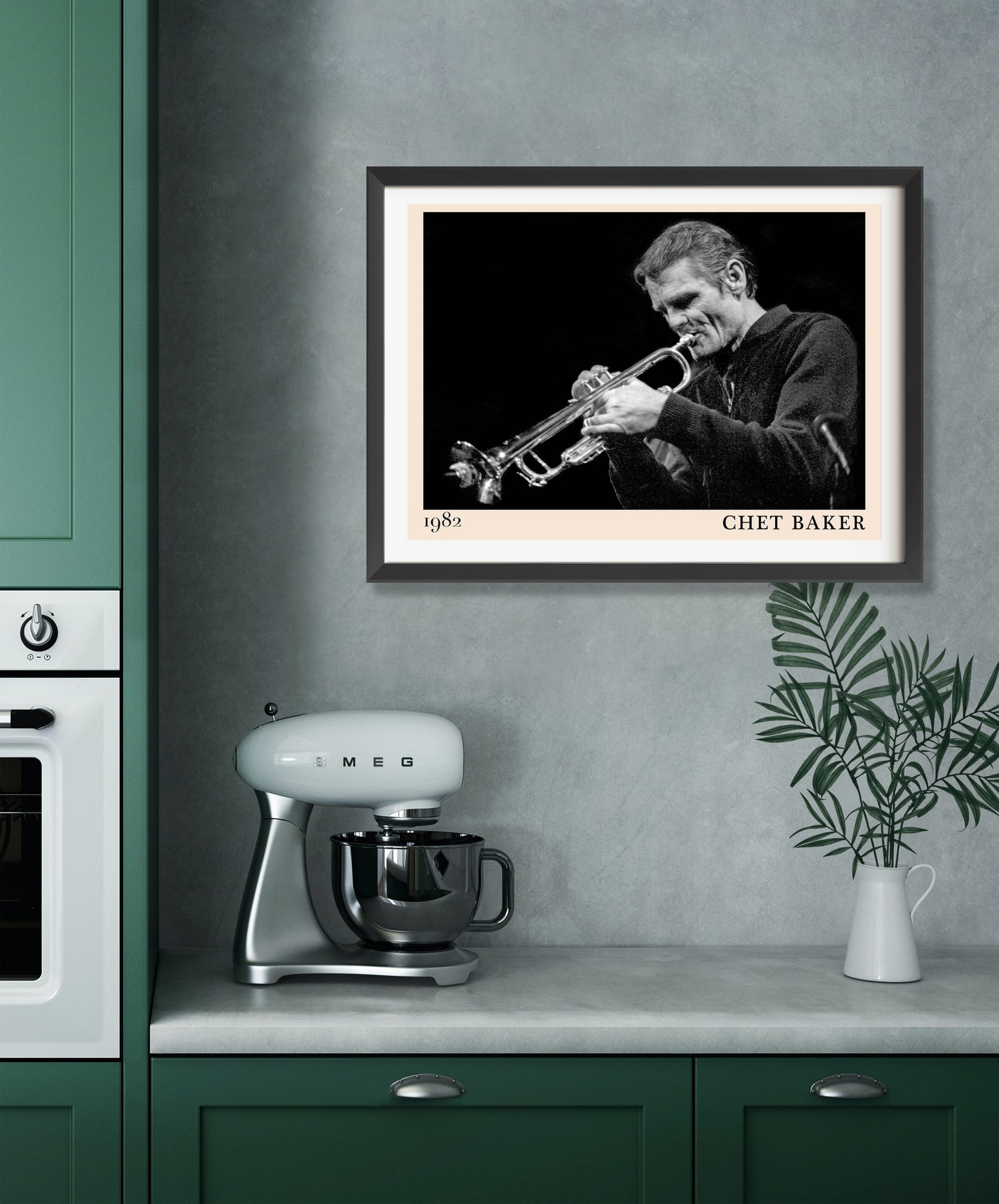 Chet Baker concert poster in landscape 22 mount mockup, black and white trumpet portrait framed above modern kitchen counter