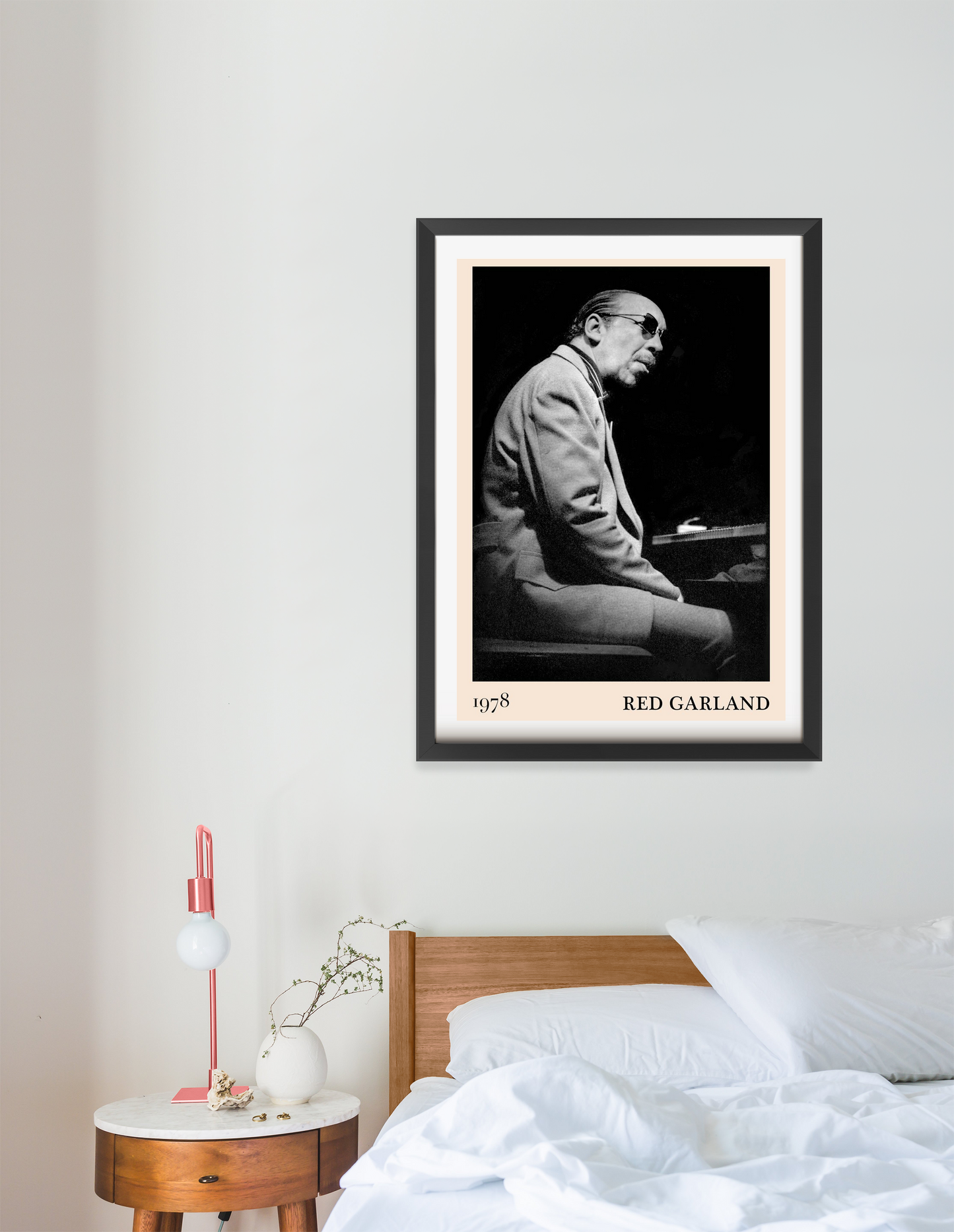 Red Garland Cool Jazz Print in 16 mount portrait mockup above modern wood bed, black and white jazz pianist design framed.