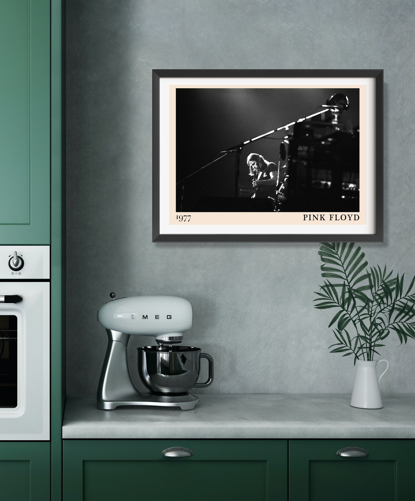 Pink Floyd rock concert poster in landscape 22 mount mockup, black and white design on kitchen wall above counter decor.
