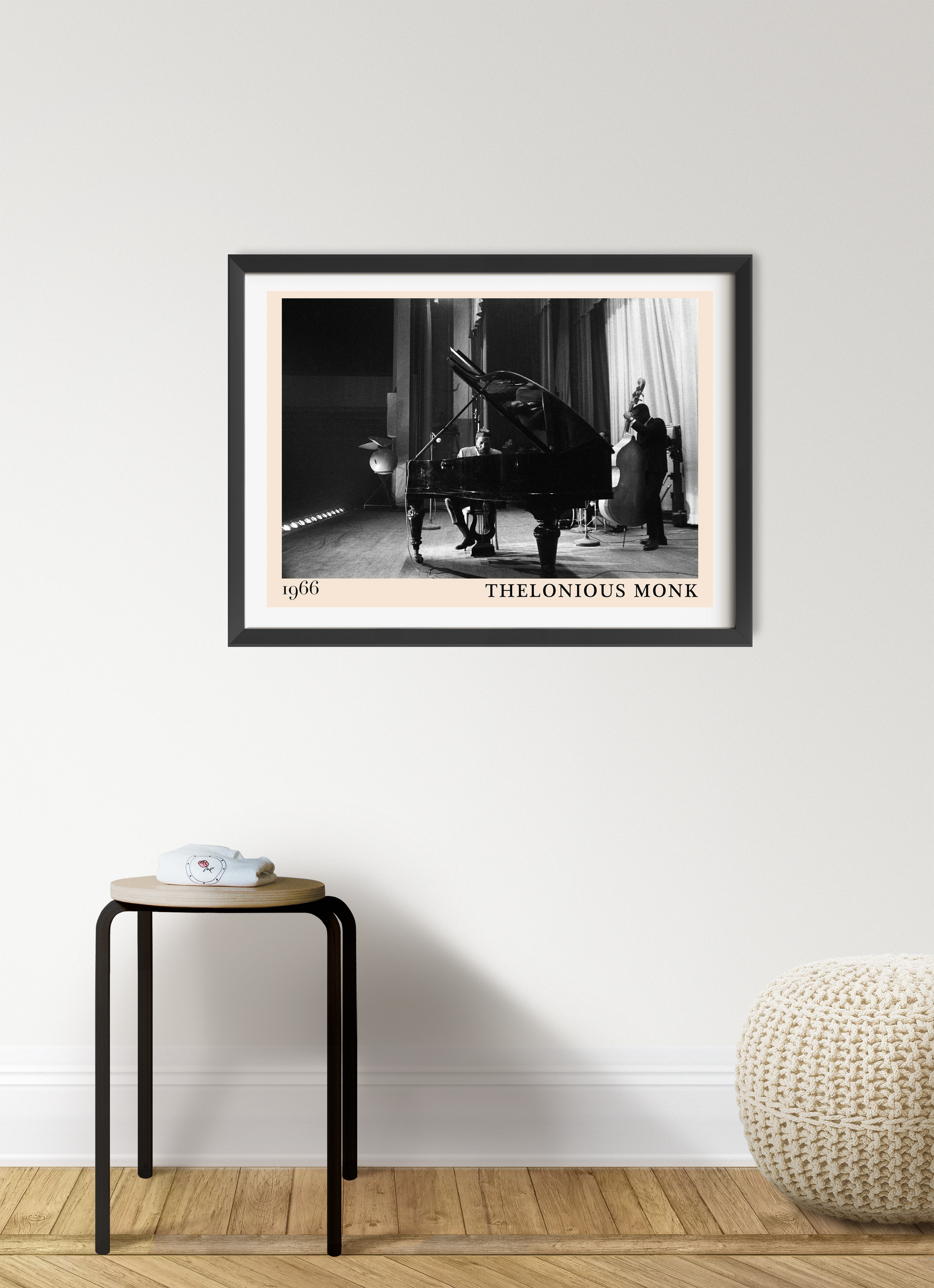 Thelonious Monk vintage jazz poster in landscape 7 mount mockup, black and white stage photo, framed on minimalist wall.