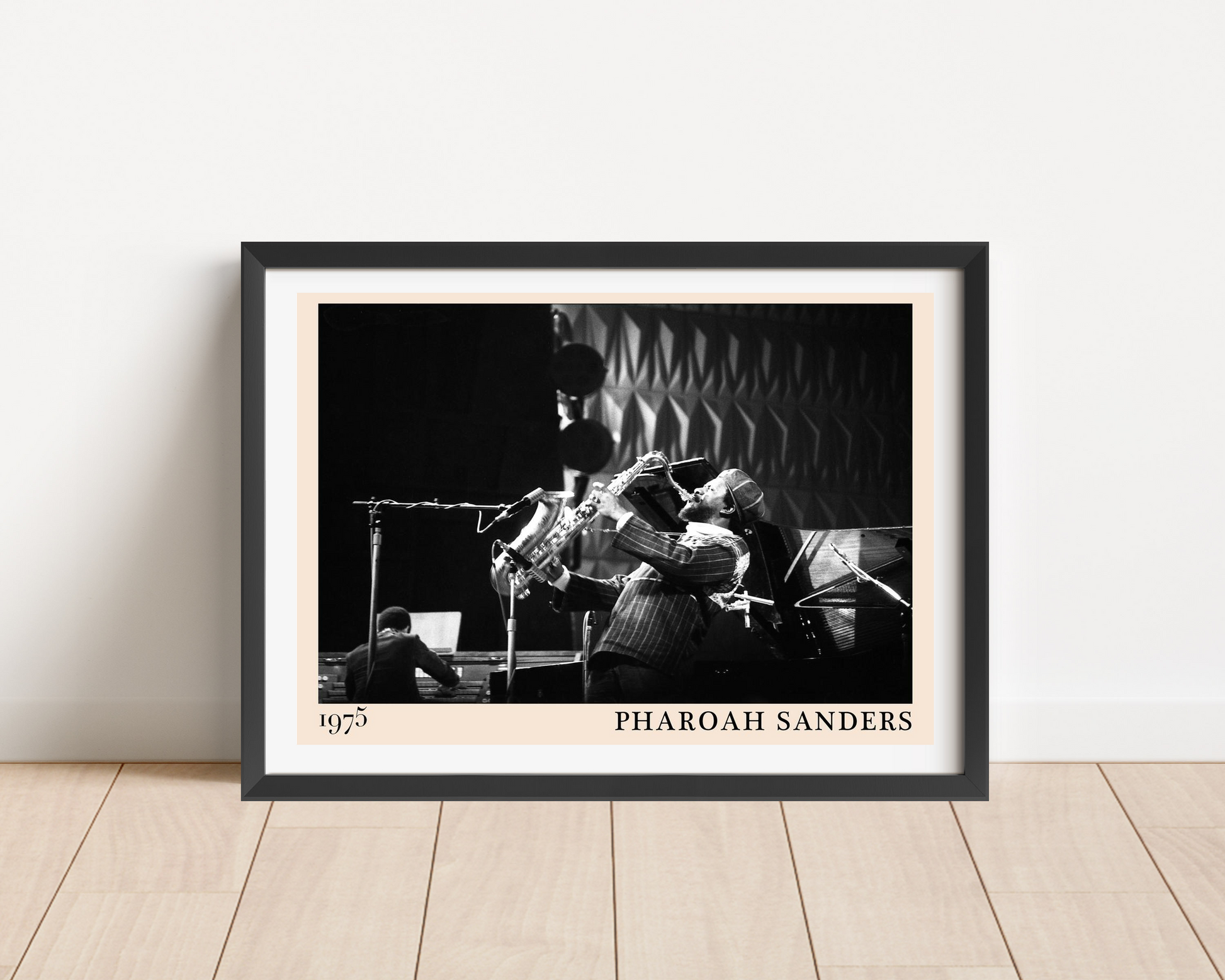 Pharoah Sanders Vintage Jazz Poster in landscape frame mockup, black and white saxophone performance, minimalist floor settin