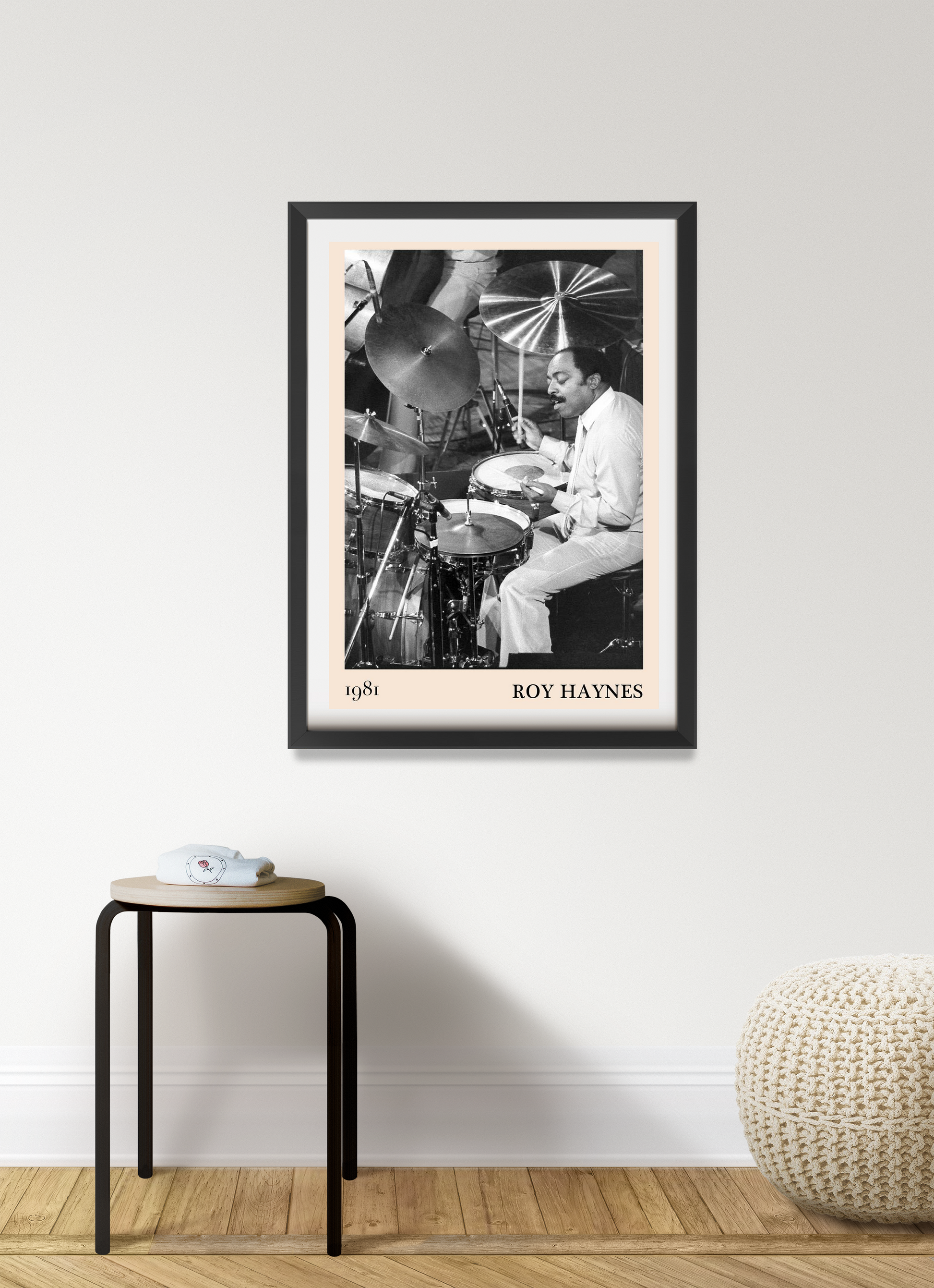 Roy Haynes Jazz Concert Poster in portrait 7 mount, black frame, vintage black and white drummer design on modern wall.