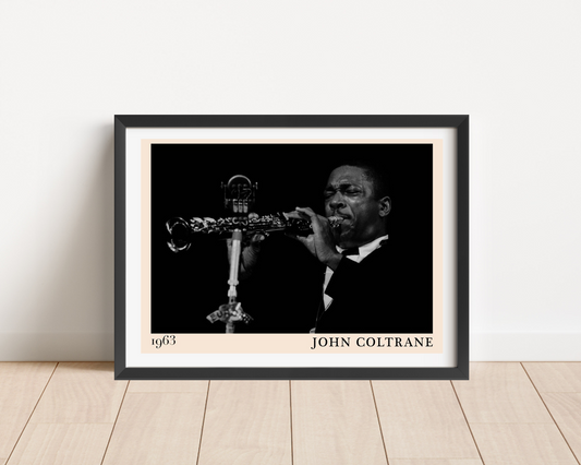 John Coltrane Retro Jazz Poster in landscape mount mockup, features black and white saxophone portrait and 1963 text on floor