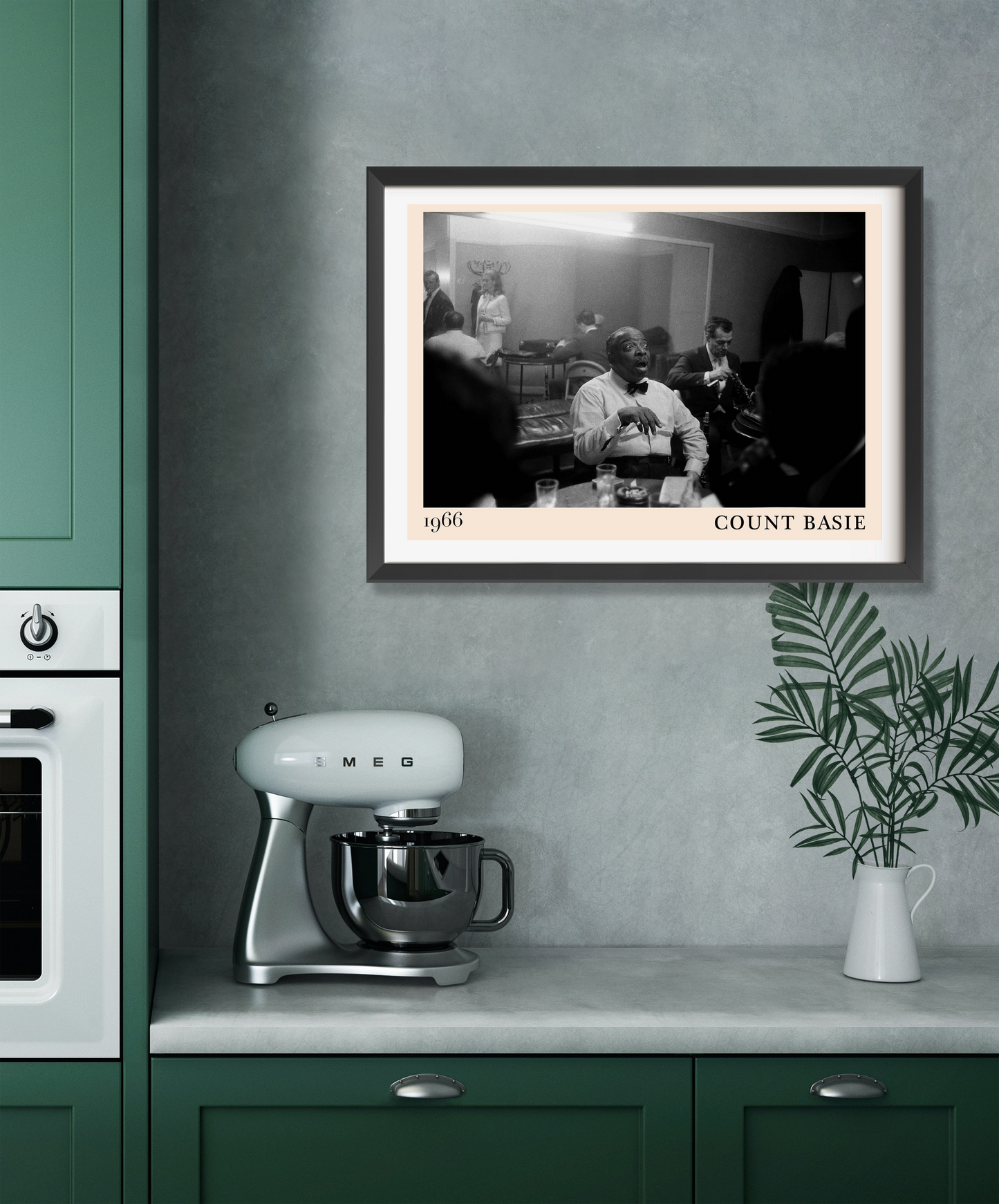 Count Basie Iconic Jazz Poster in landscape 22 mount, black and white 1966 design framed on modern kitchen wall.