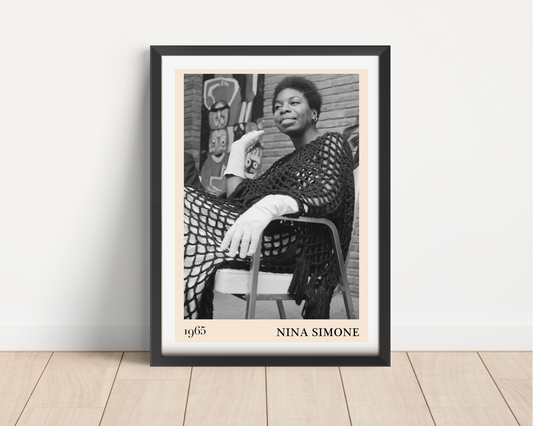 Nina Simone Jazz Print in portrait mount mockup, black frame on wood floor, features vintage 1965 photo and bold text.