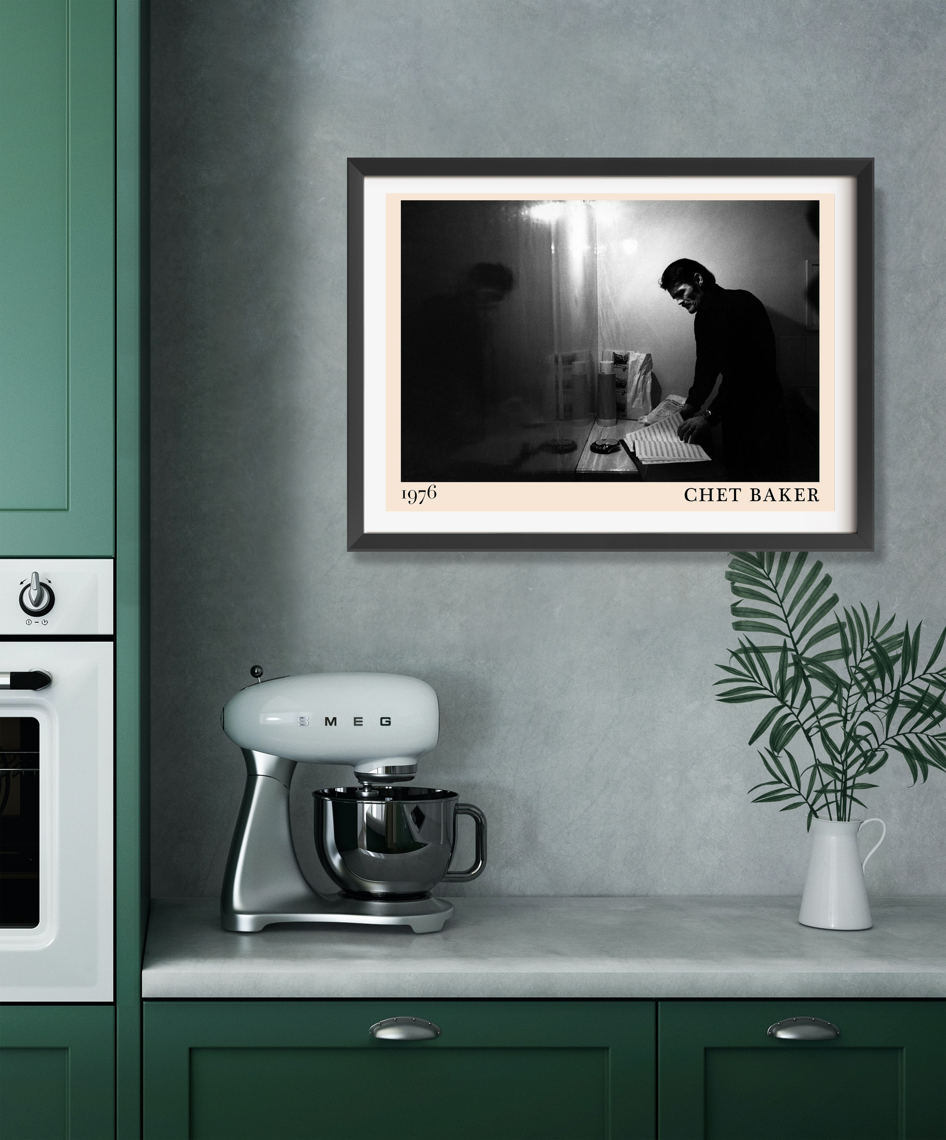 Chet Baker Retro Jazz Poster in landscape mount mockup, black and white 1976 design framed on modern kitchen wall.