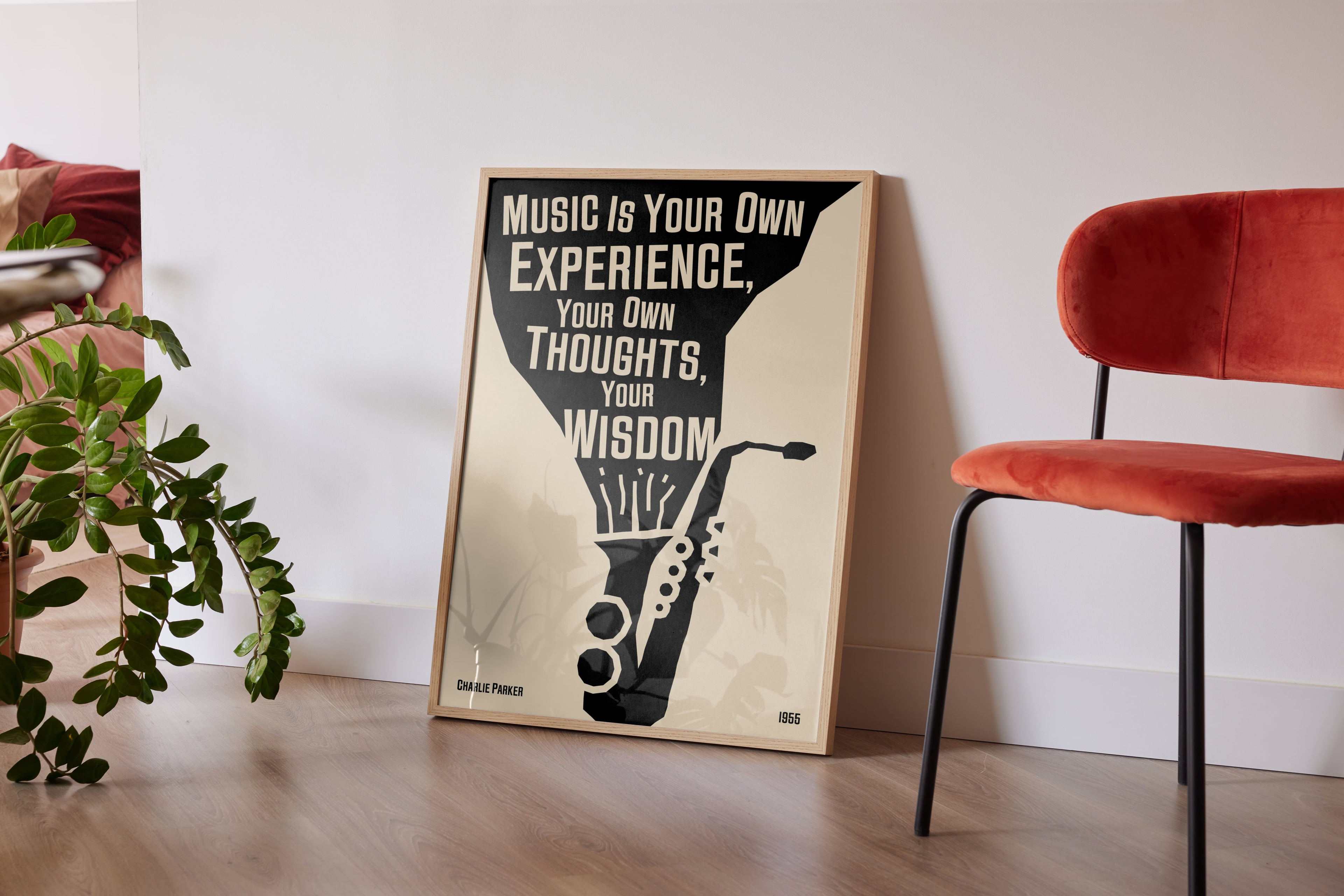 Framed Jazz Instrumental Print featuring a quote from Charlie Parker.