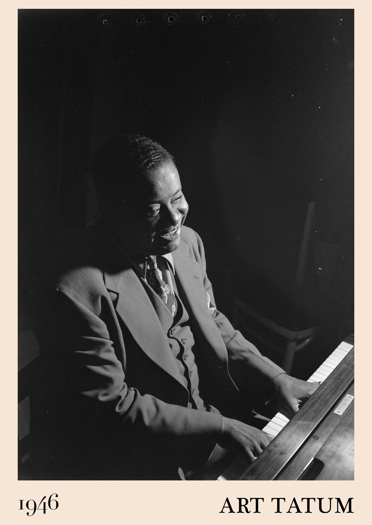 1946 photograph of Art Tatum crafted into a cool jazz print. The poster has an off-white border.