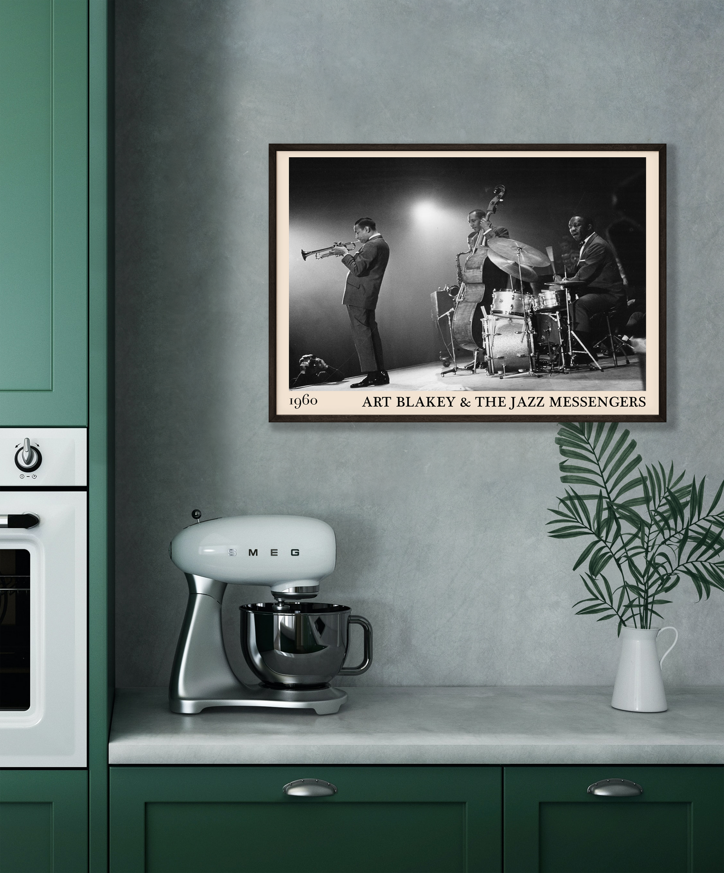 1960 framed jazz print of Art Blakey & The Jazz Messengers hanging on a grey kitchen wall