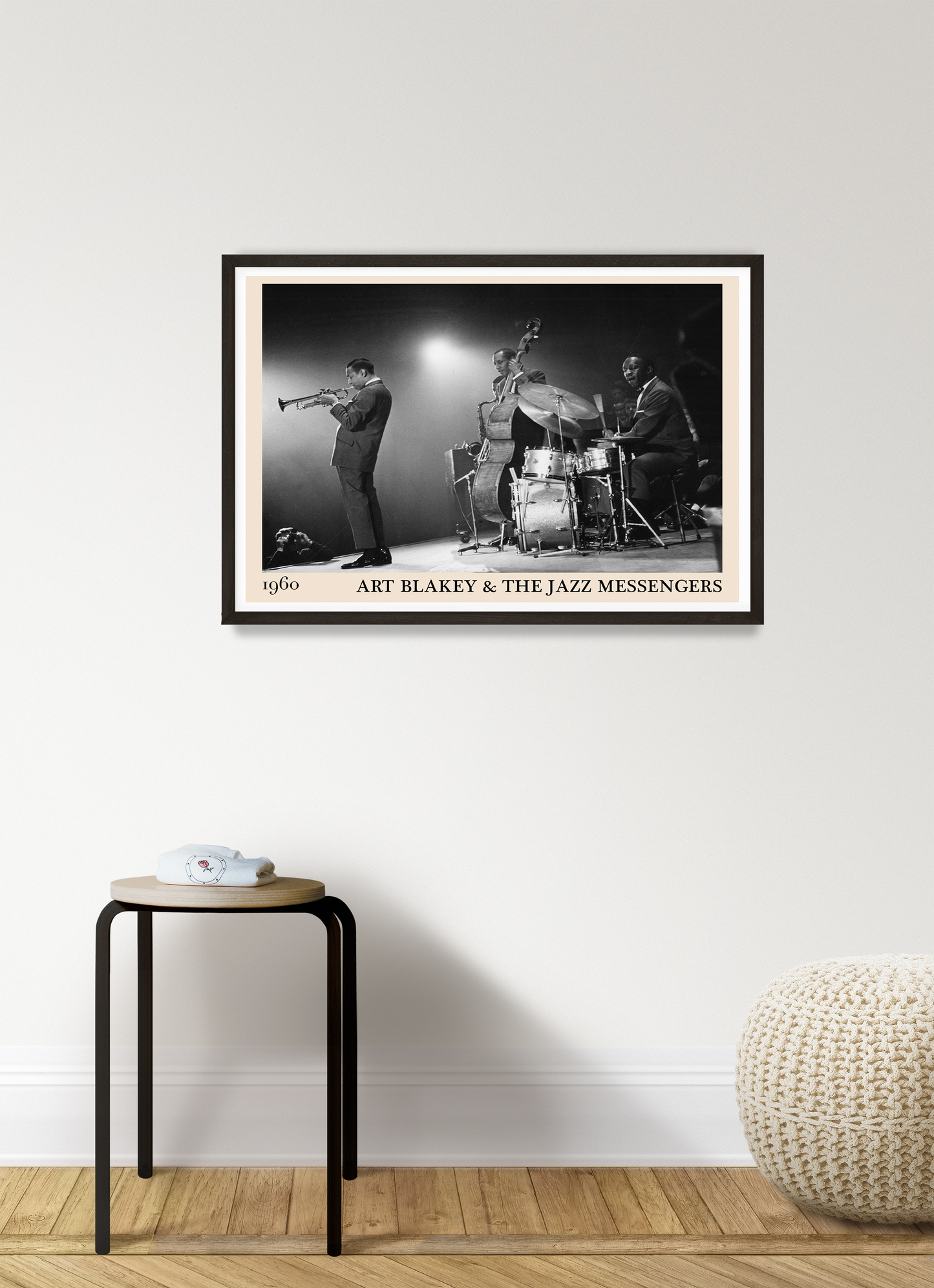 Cool framed music print of Art Blakey & The Jazz Messengers hanging on a white living room wall