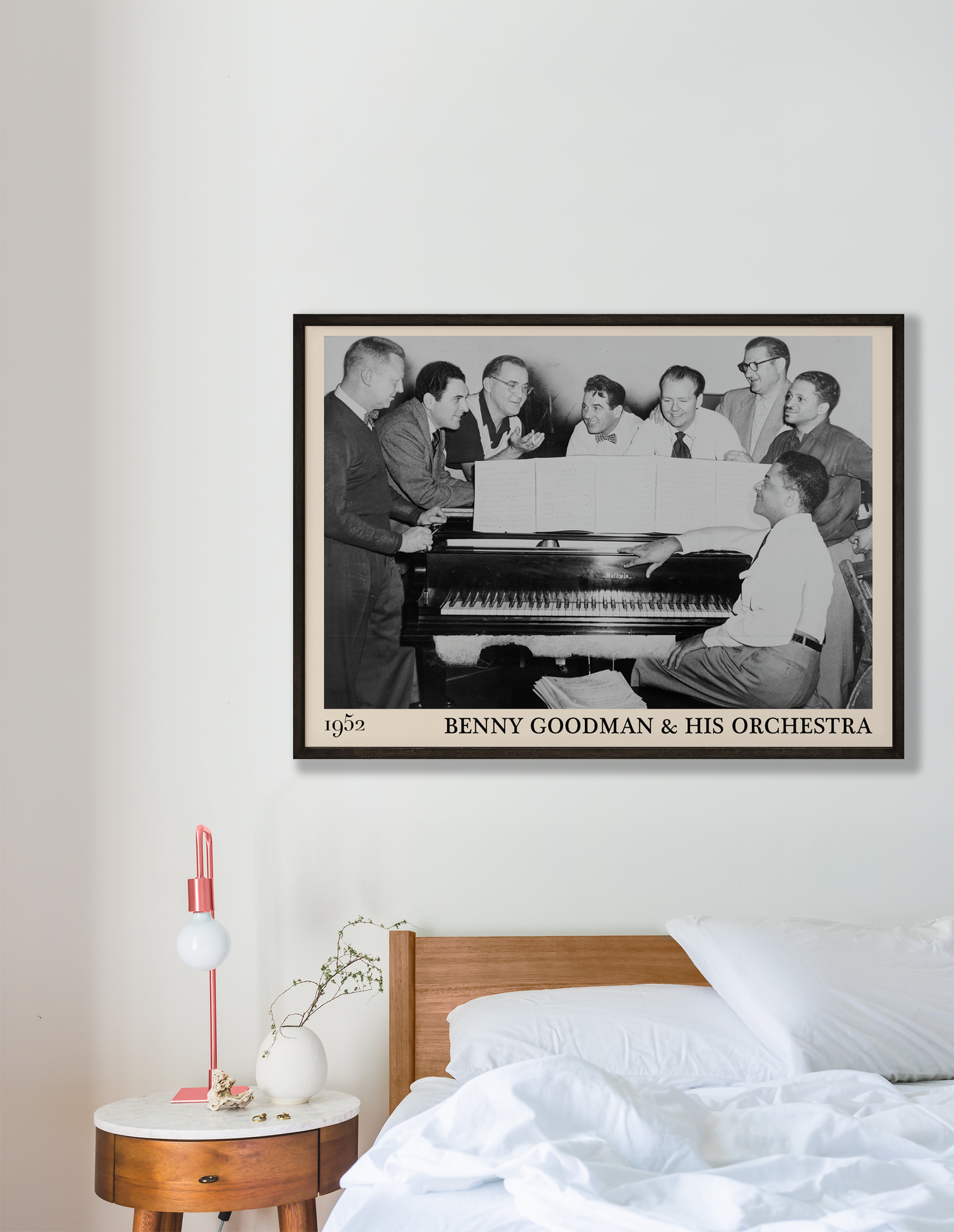 1952 photograph of Benny Goodman & his orchestra crafted into a cool black framed art poster. The poster is hanging on a white bedroom wall