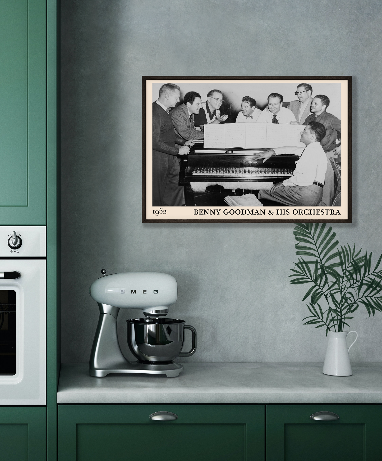 1952 photograph of Benny Goodman & his orchestra crafted into a cool black framed music poster. The poster is hanging on a green kitchen wall