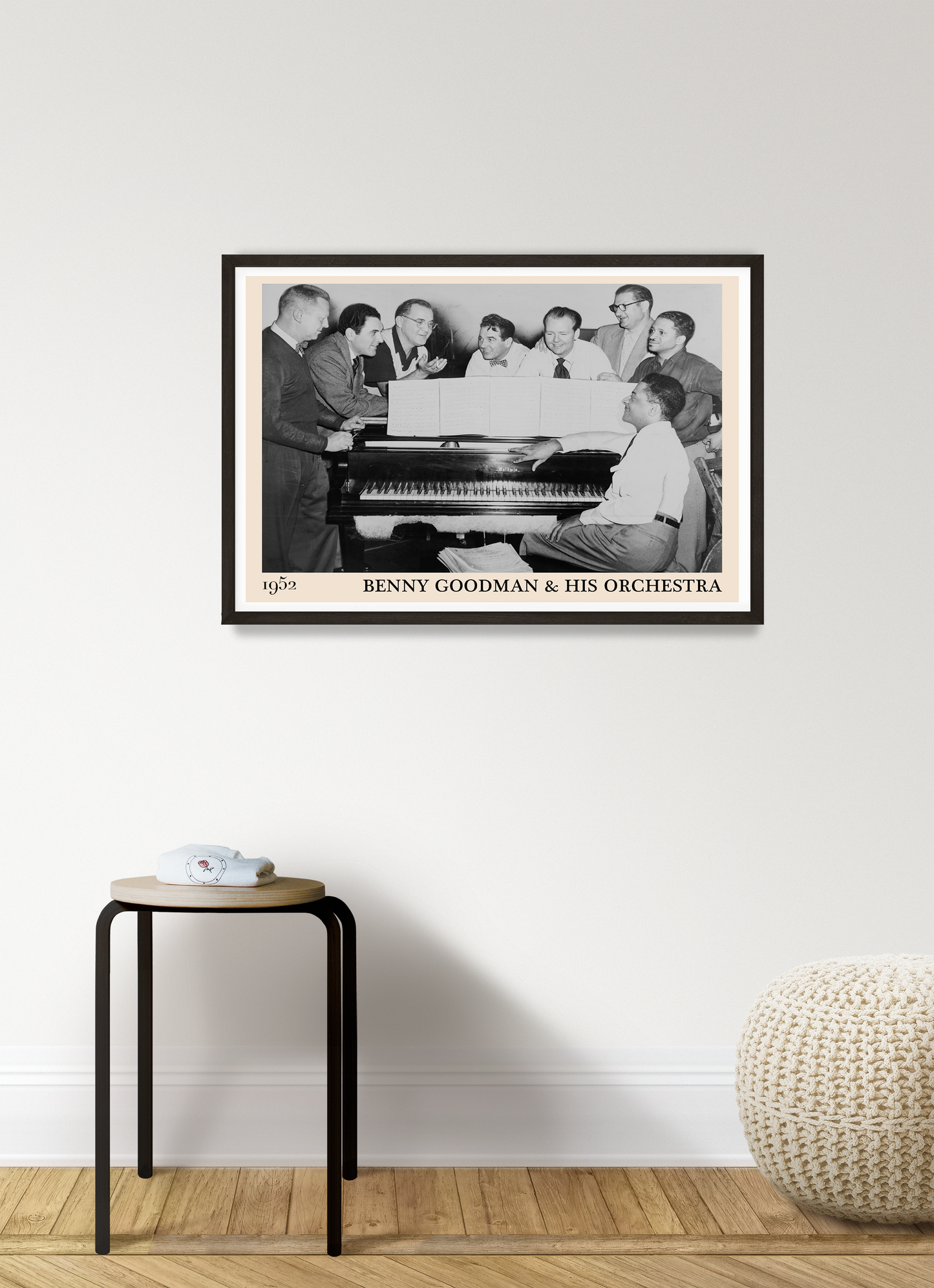 1952 photograph of Benny Goodman & his orchestra crafted into a cool black framed jazz poster. The poster is hanging on a white living room wall
