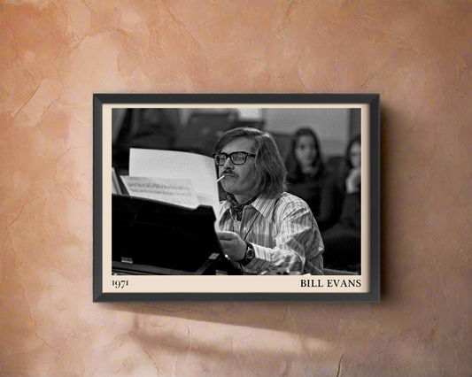 Retro-style art print of jazz legend Bill Evans smoking, based on a Heinrich Klaffs photograph