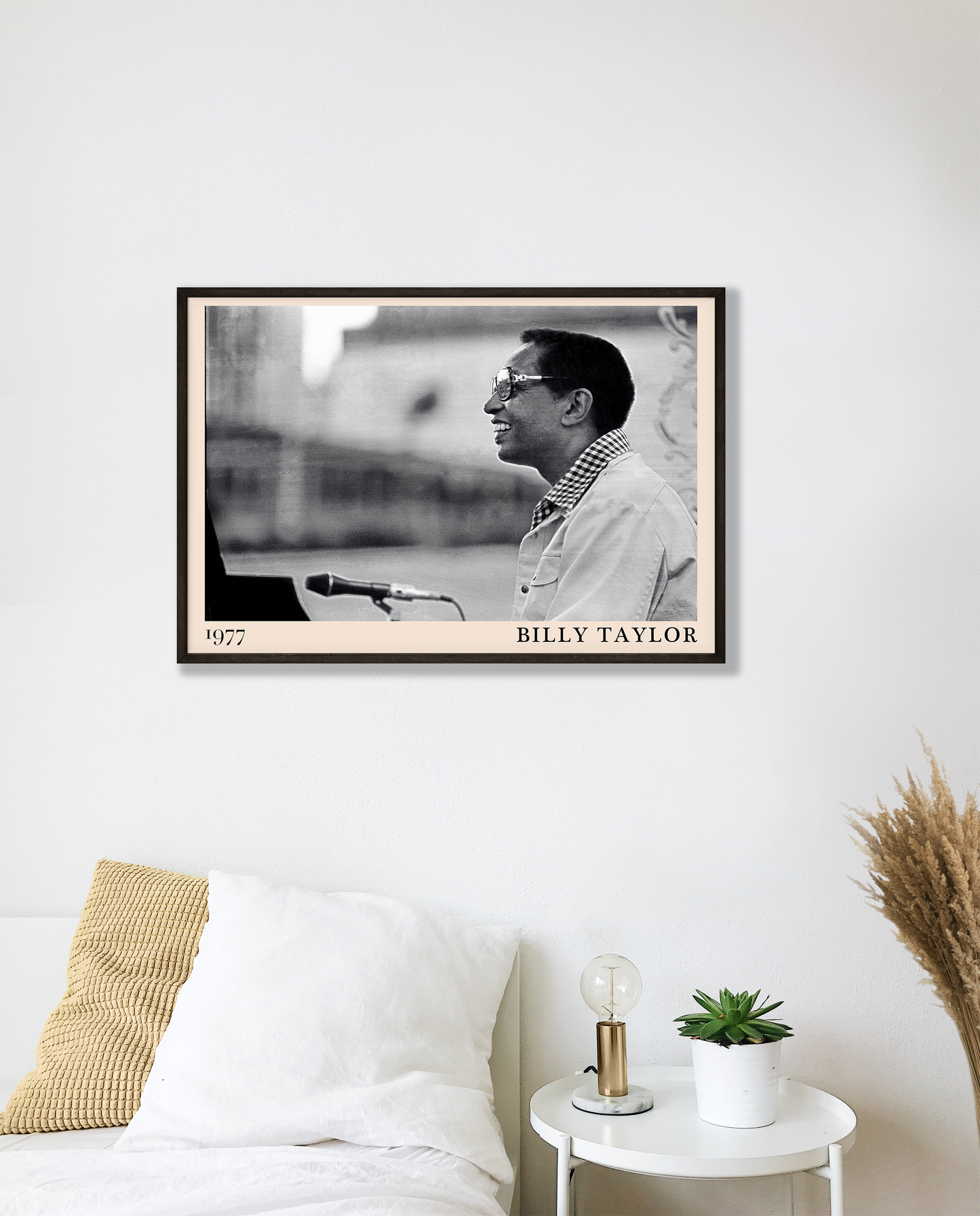 1977 photograph of Billy Taylor taken by Thomas Marcello. Picture crafted into a cool black framed jazz print, with an off-white border. Poster is hanging on a white bedroom wall