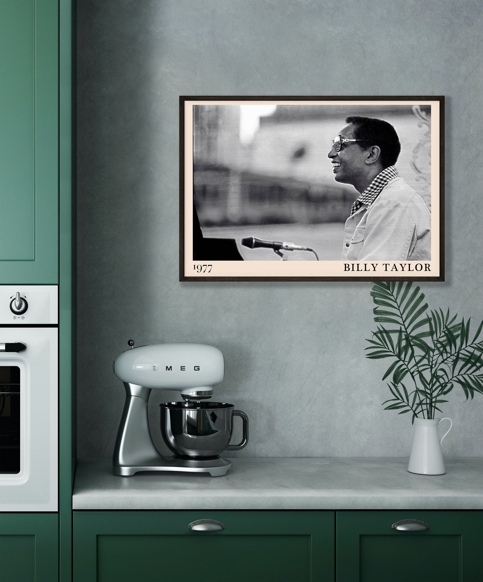 1977 photograph of Billy Taylor taken by Thomas Marcello. Picture crafted into a cool black framed jazz print, with an off-white border. Poster is hanging on a grey kitchen wall