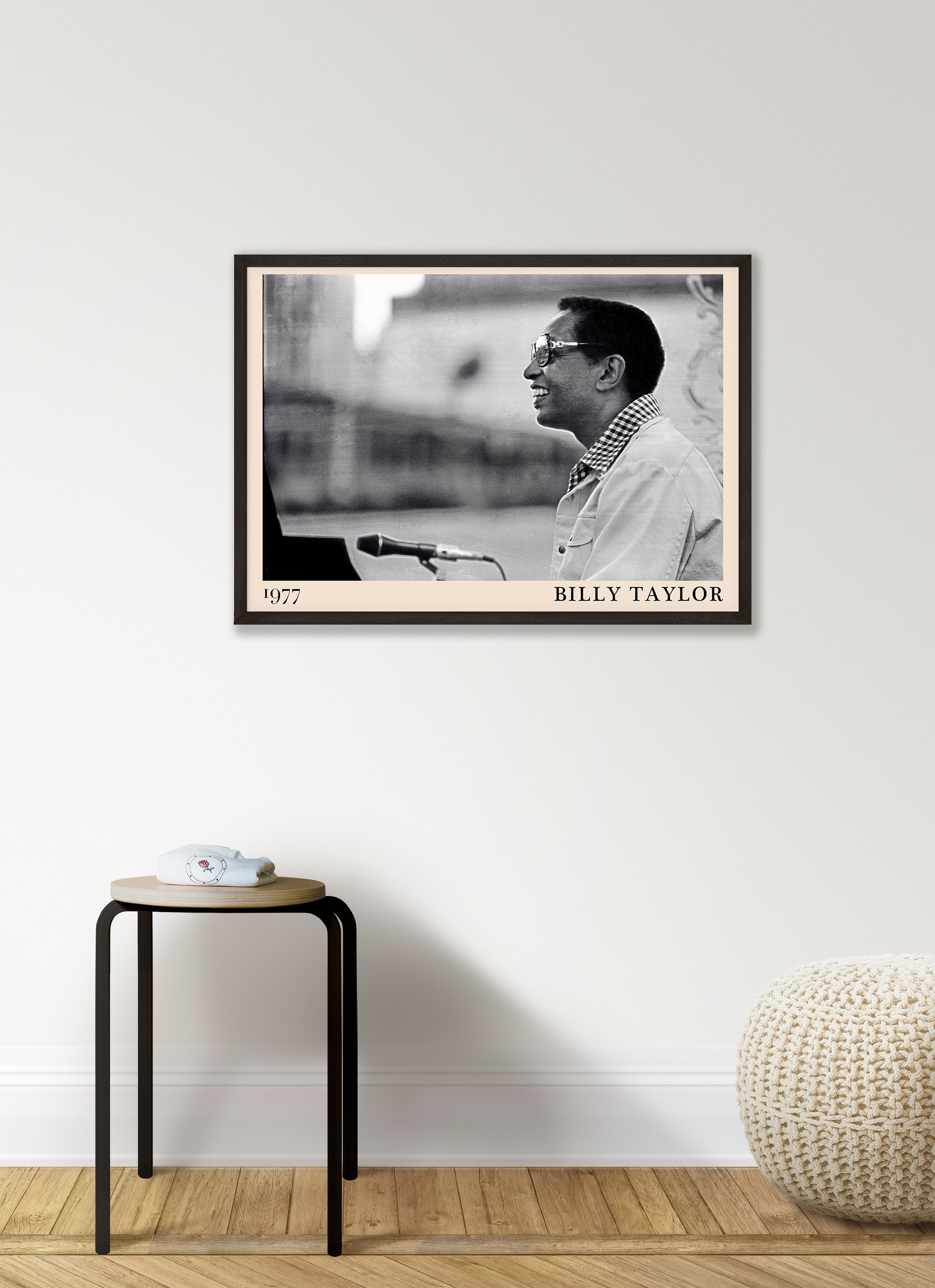 1977 photograph of Billy Taylor taken by Thomas Marcello. Picture crafted into a cool black framed jazz print, with an off-white border. Poster is hanging on a white living room wall