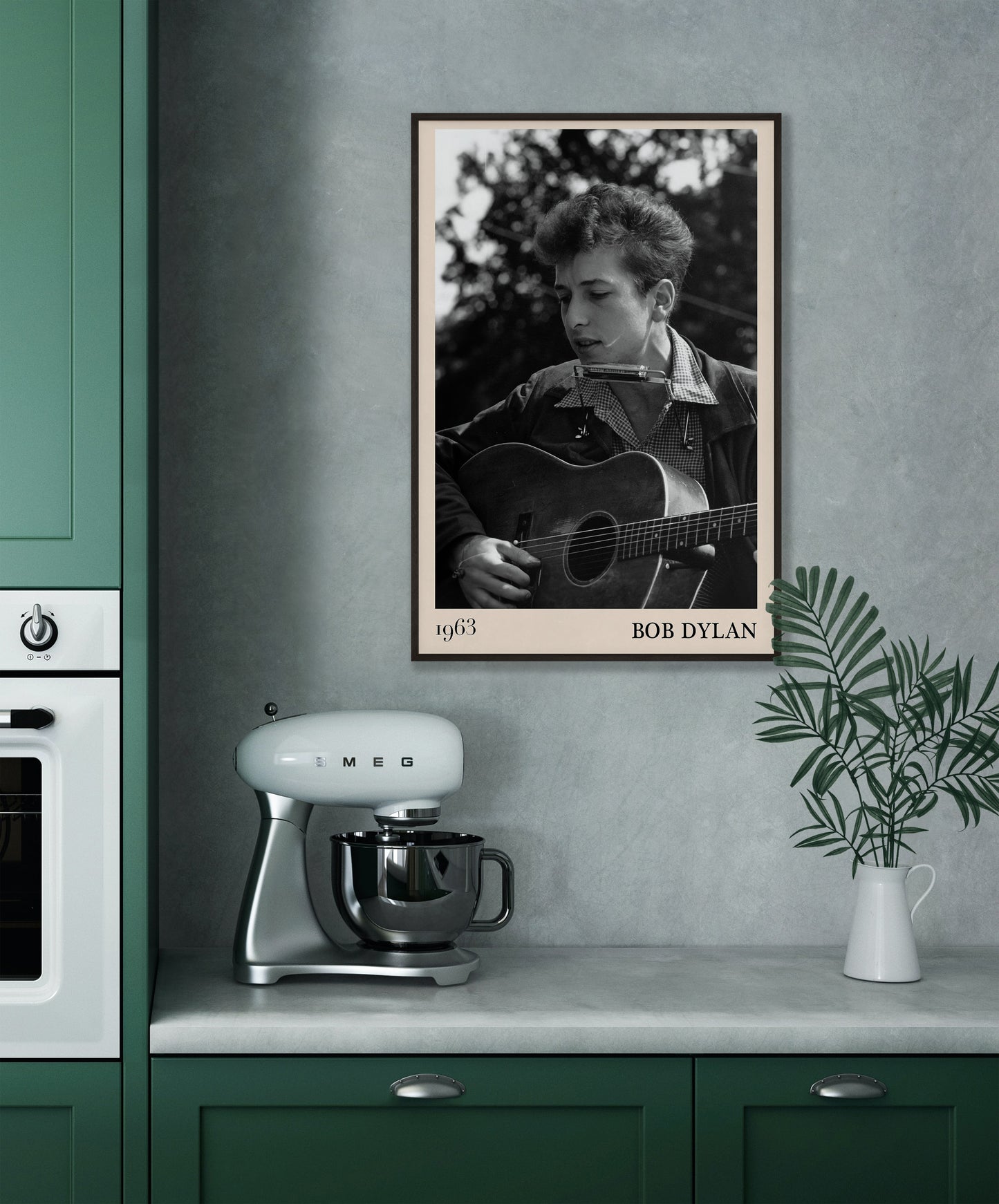 1963 photograph of Bob Dylan playing blues guitar.Crafted into cool framed blues poster.
