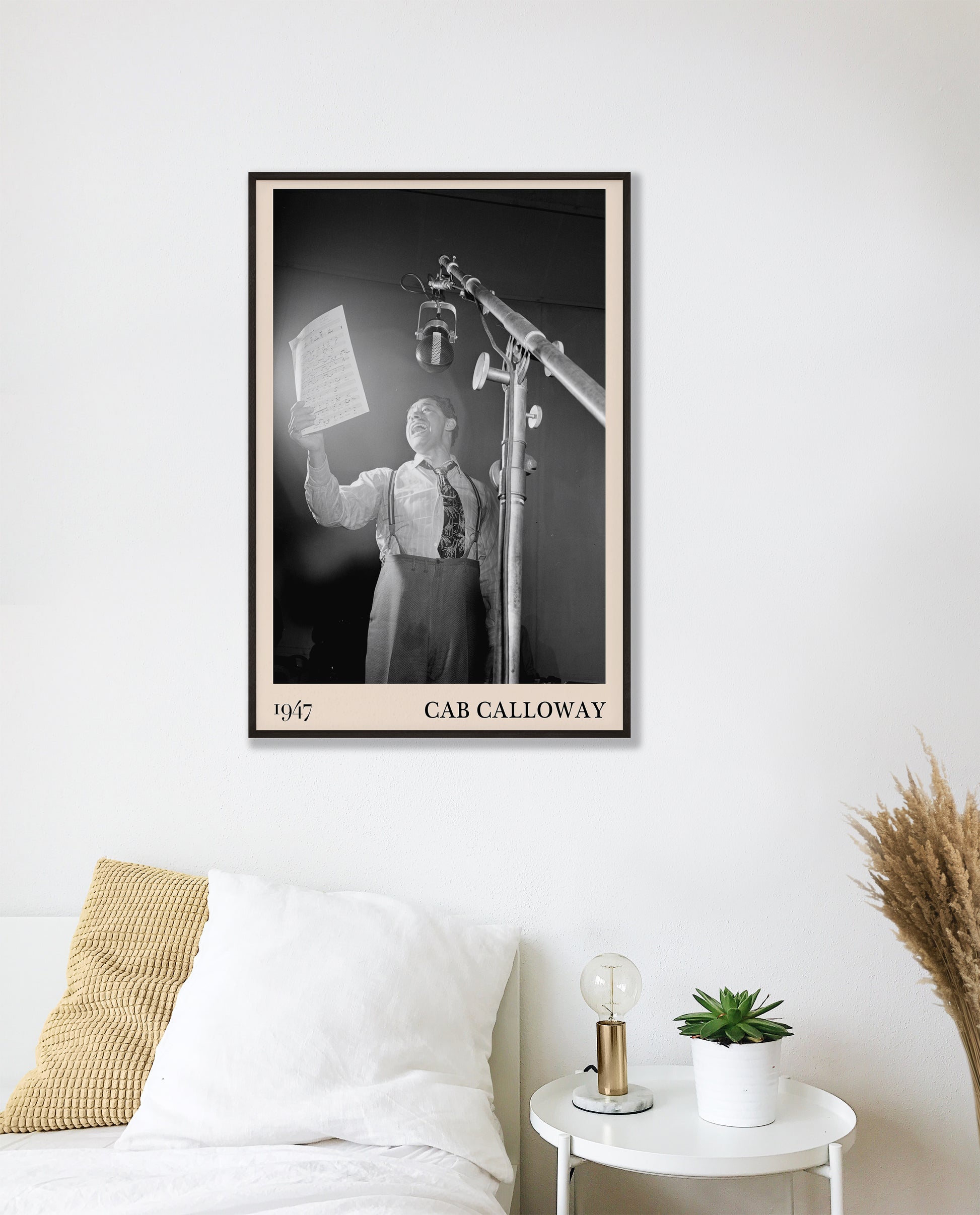 Retro 1947 photo of Cab Calloway crafted into  black framed print, hanging on a bedroom wall