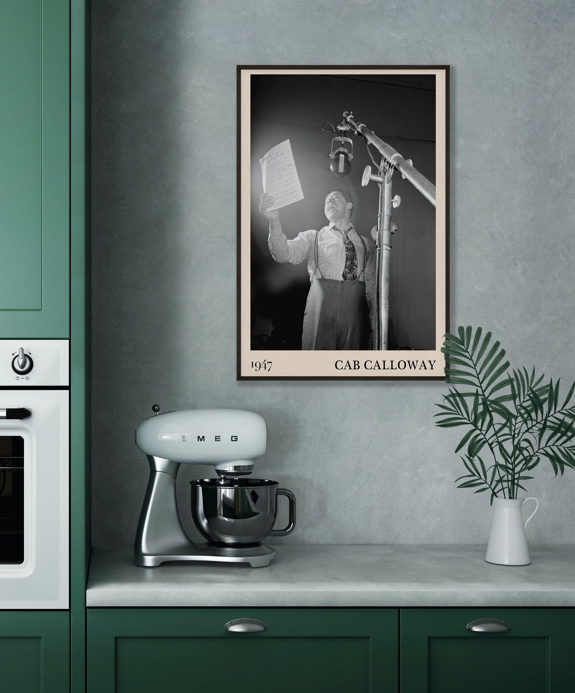 Cool 1947 photo of Cab Calloway crafted into a framed music poster, hanging on kitchen wall