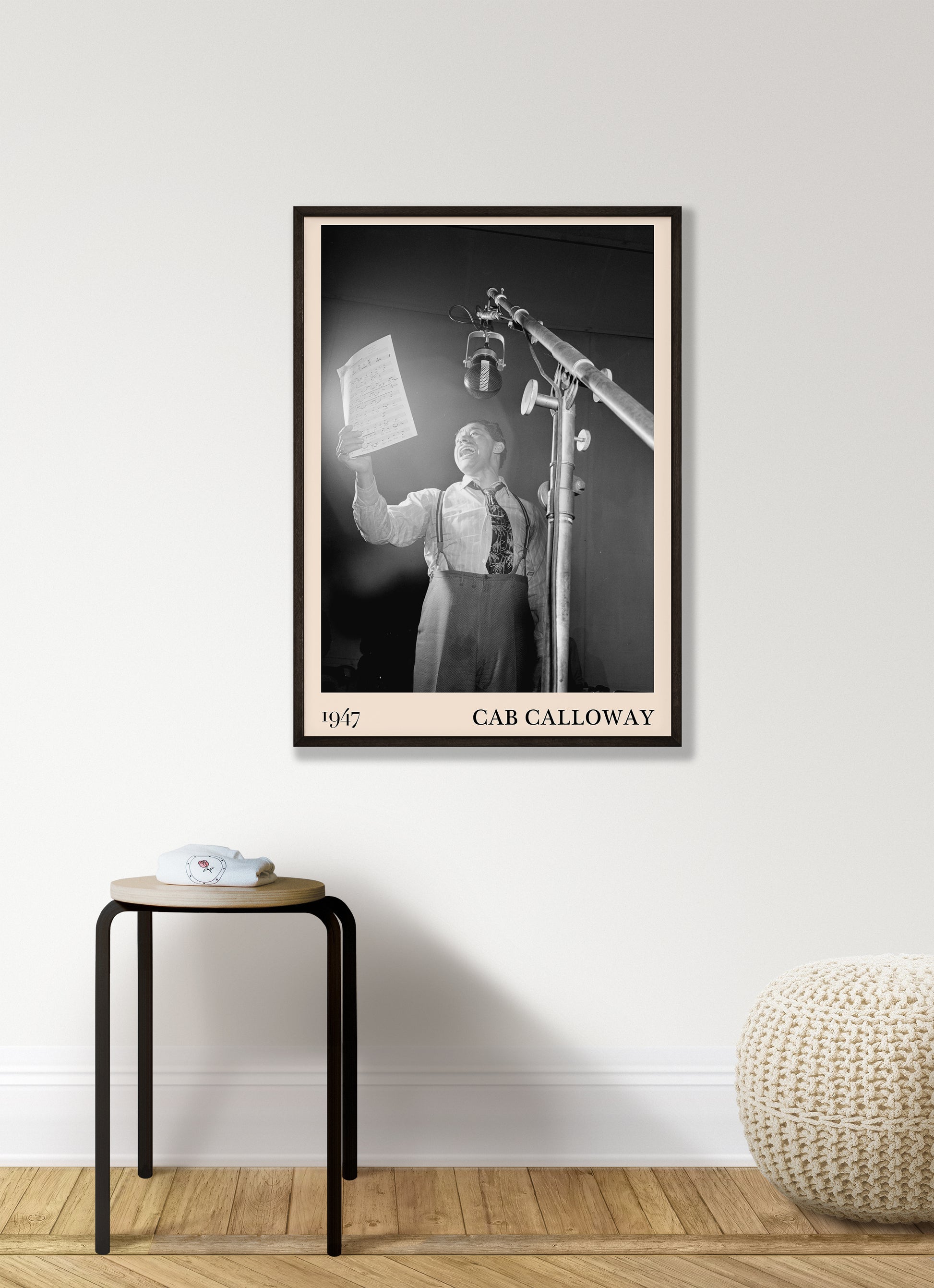 Retro 1947 photo of Cab Calloway crafted into  black framed jazz print, hanging on a living room wall