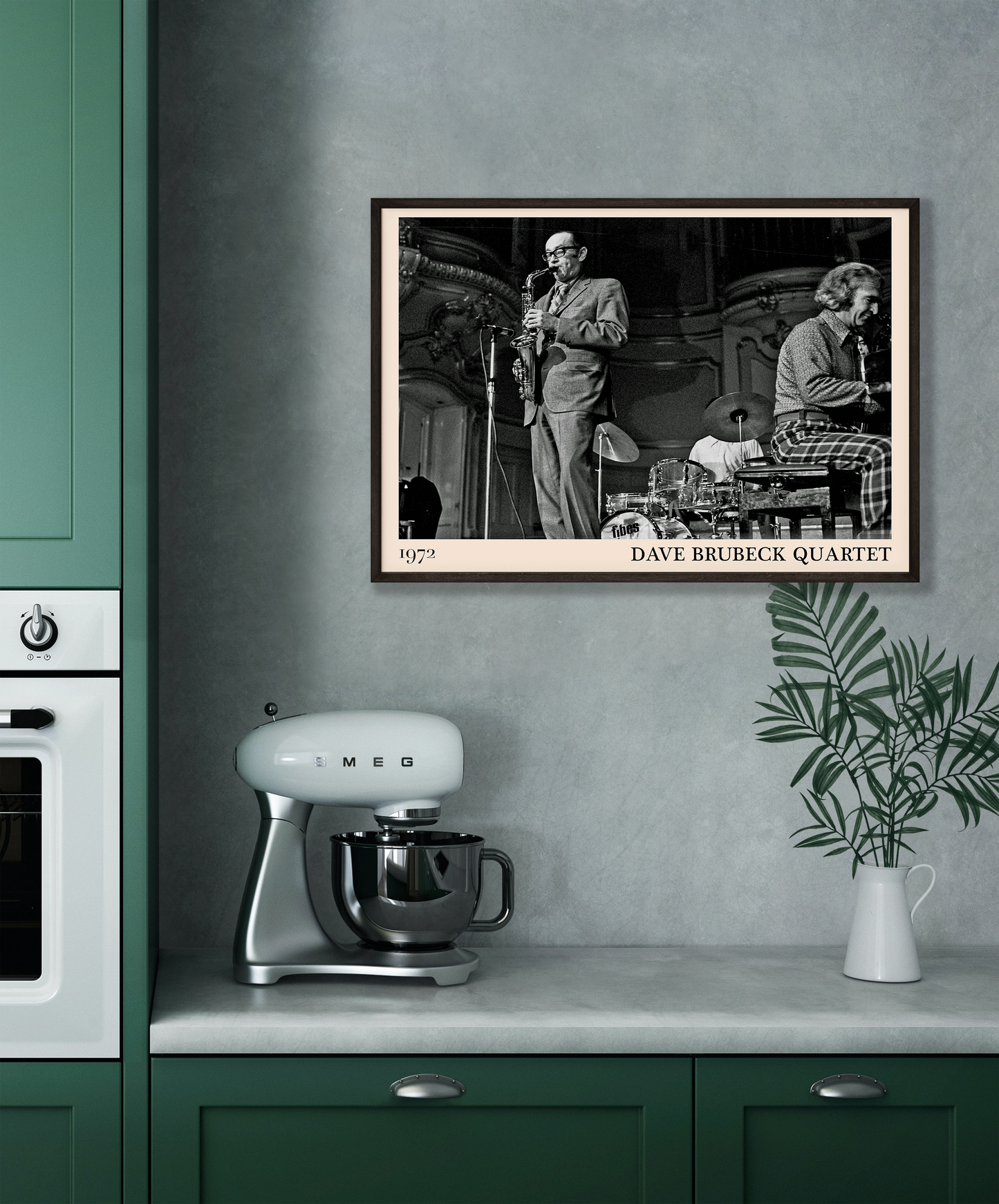 1972 photo of the Dave Brubeck Quartet crafted into a black framed-poster, hanging on a grey kitchen wall