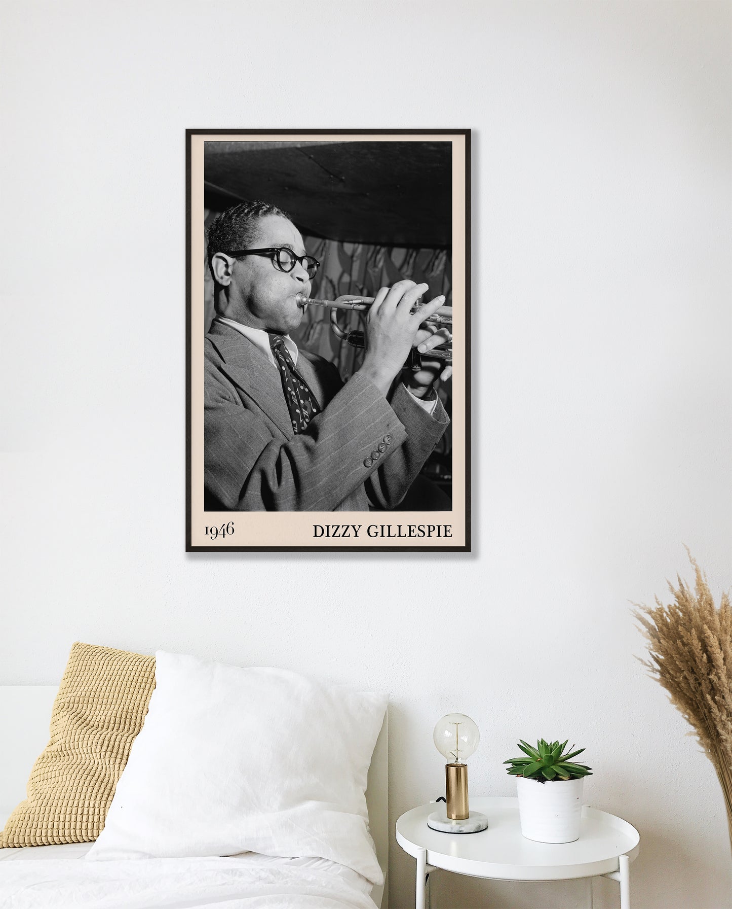 Retro 1946 photo of Dizzy Gillespie crafted into black framed print, hanging on a bedroom wall