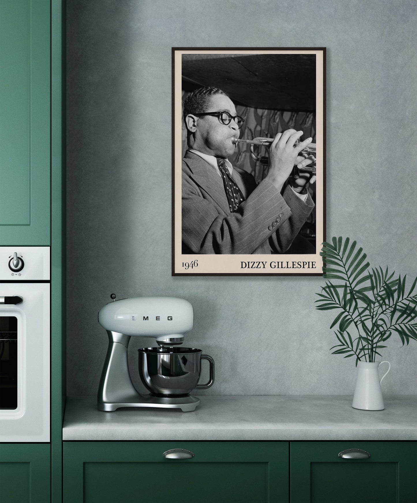 Cool 1946 photo of Dizzy Gillespie crafted into a framed music poster, hanging on kitchen wall