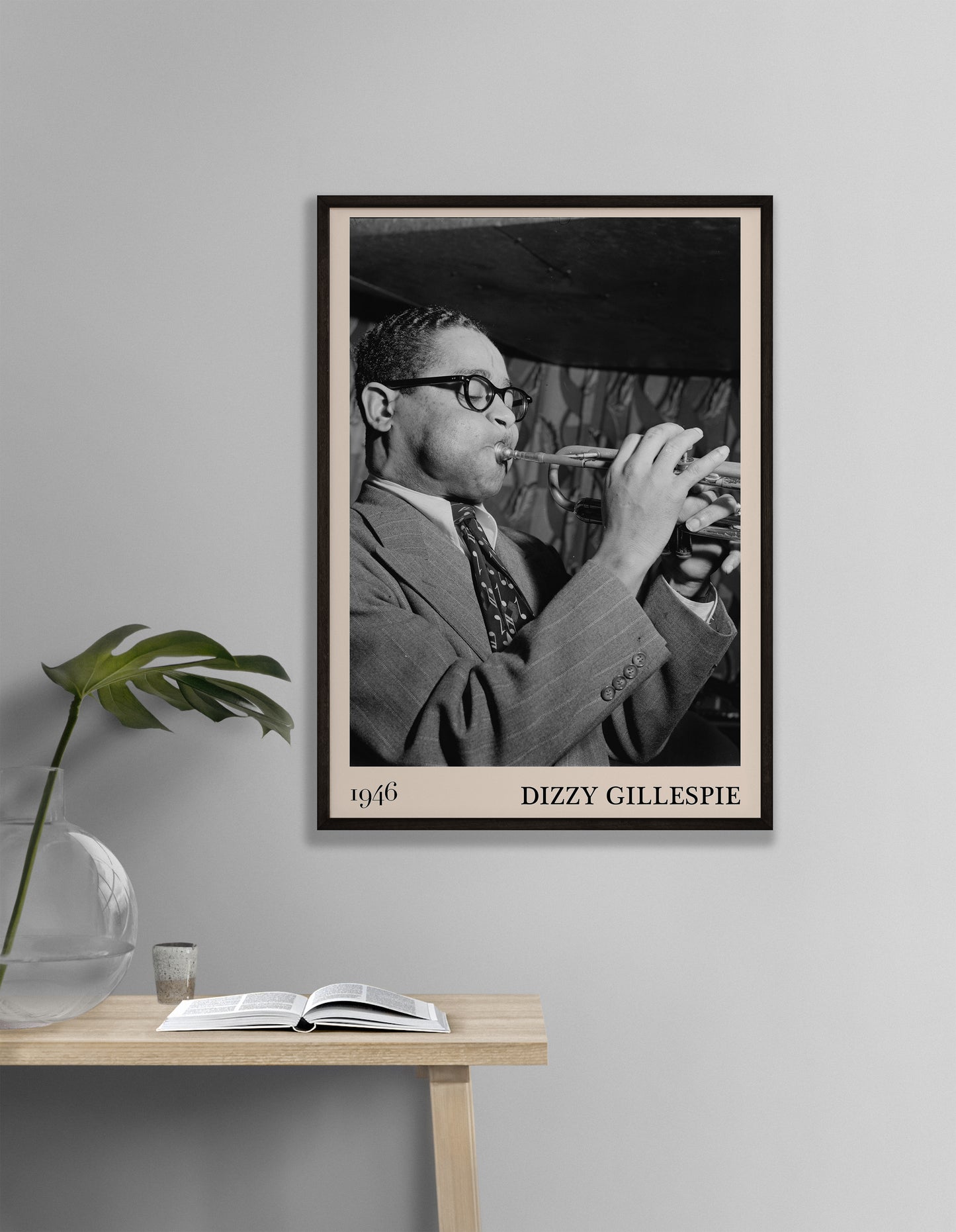 Cool 1946 photo of Dizzy Gillespie crafted into black framed jazz poster, hanging on a living room wall
