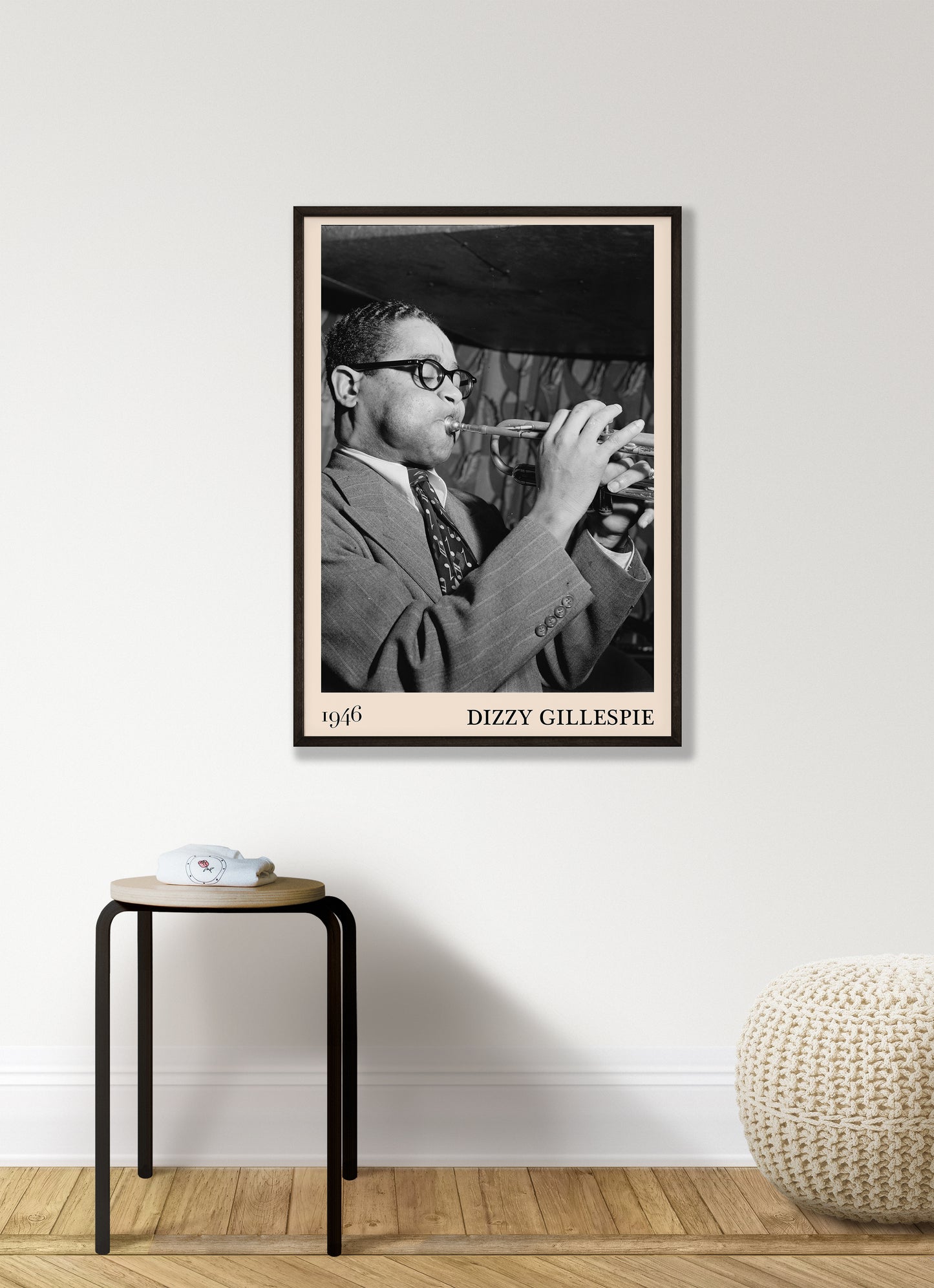 Retro 1946 photo of Dizzy Gillespie crafted into black framed jazz print, hanging on a living room wall