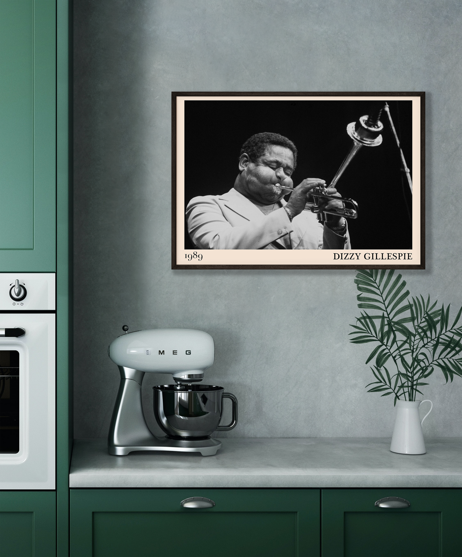 1989 photograph of Dizzy Gillespie playing the trumpet, transformed into a stylish black-framed jazz poster hanging on a grey kitchen wall