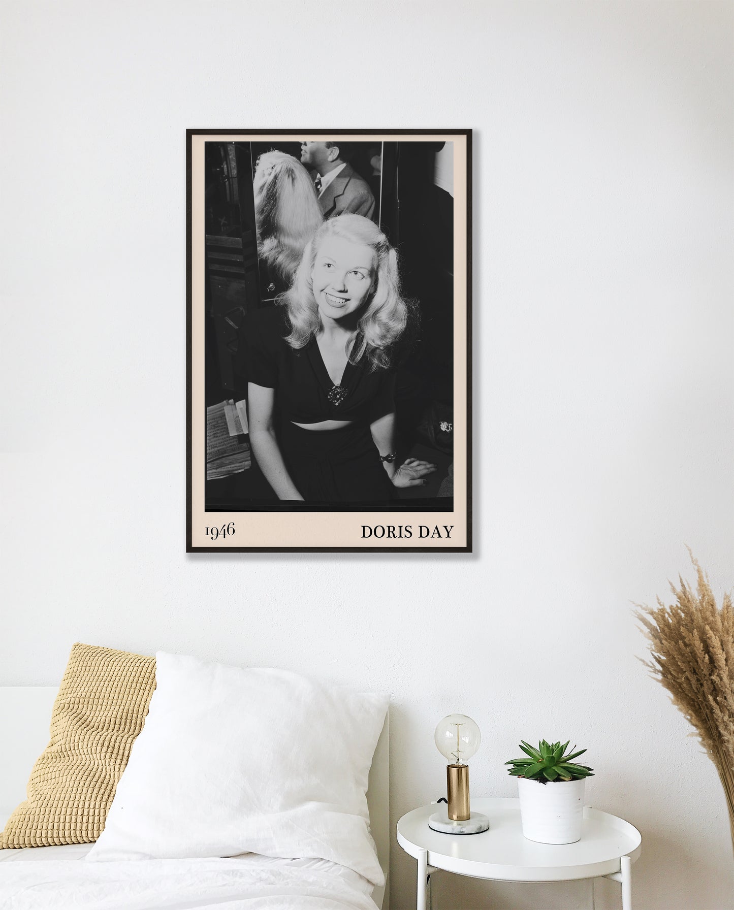 1946 photograph of  Doris Day. Transformed into a stylish black-framed jazz poster resting hanging on a white bedroom wall