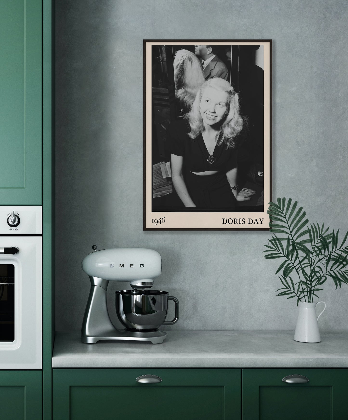 1946 photograph of  Doris Day. Transformed into a cool black-framed jazz poster resting hanging on a grey kitchen wall