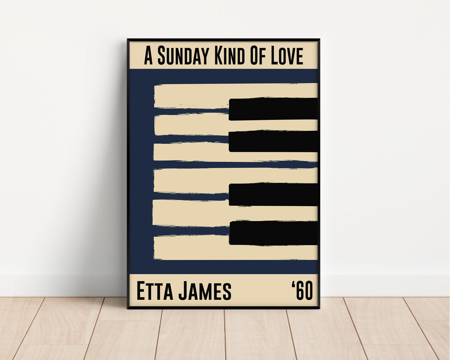 Framed jazz poster featuring a piano design and Etta James' 1960 song 'Sunday Kind of Love'. Vintage music decor, classic jazz art, perfect for jazz enthusiasts and Etta James fans.