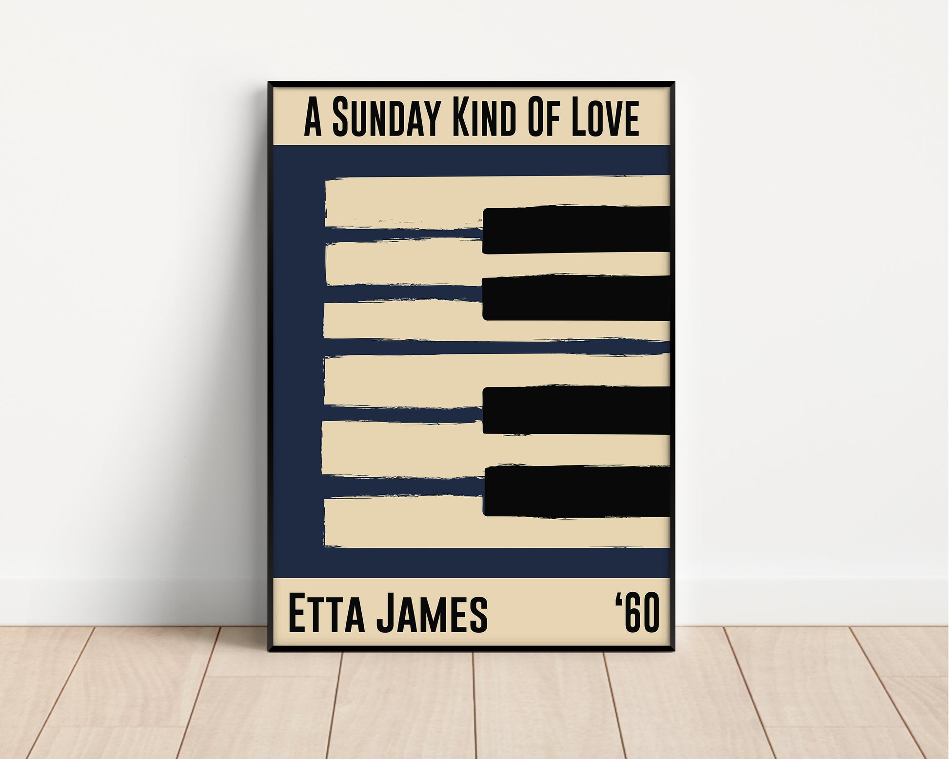 Framed jazz poster featuring a piano design and Etta James' 1960 song 'Sunday Kind of Love'. Vintage music decor, classic jazz art, perfect for jazz enthusiasts and Etta James fans.