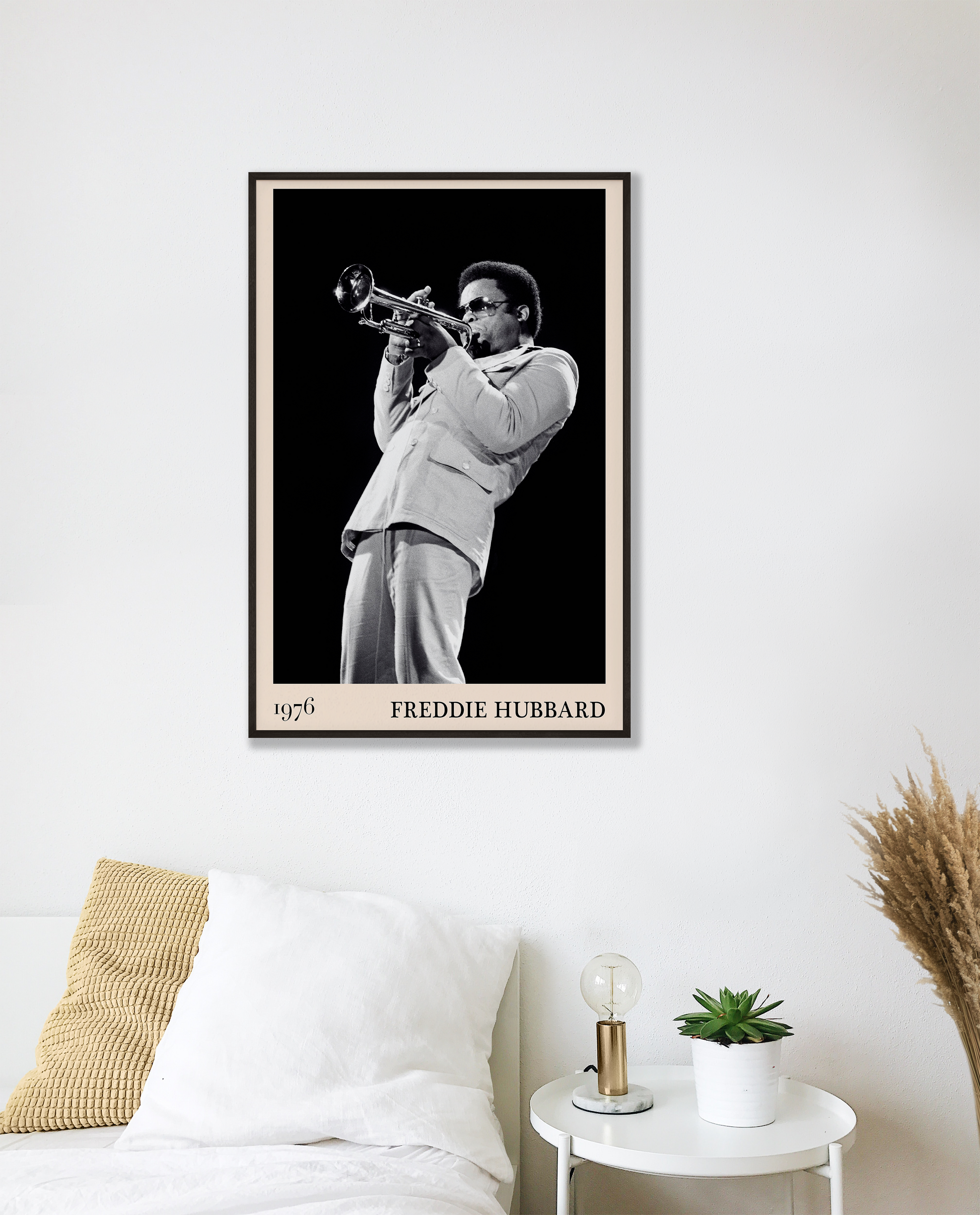 1976 photograph of Freddie Hubbard taken by Thomas Marcello. Picture crafted into a cool black framed jazz print, with an off-white border. Poster is hanging on a off-white bedroom wall.