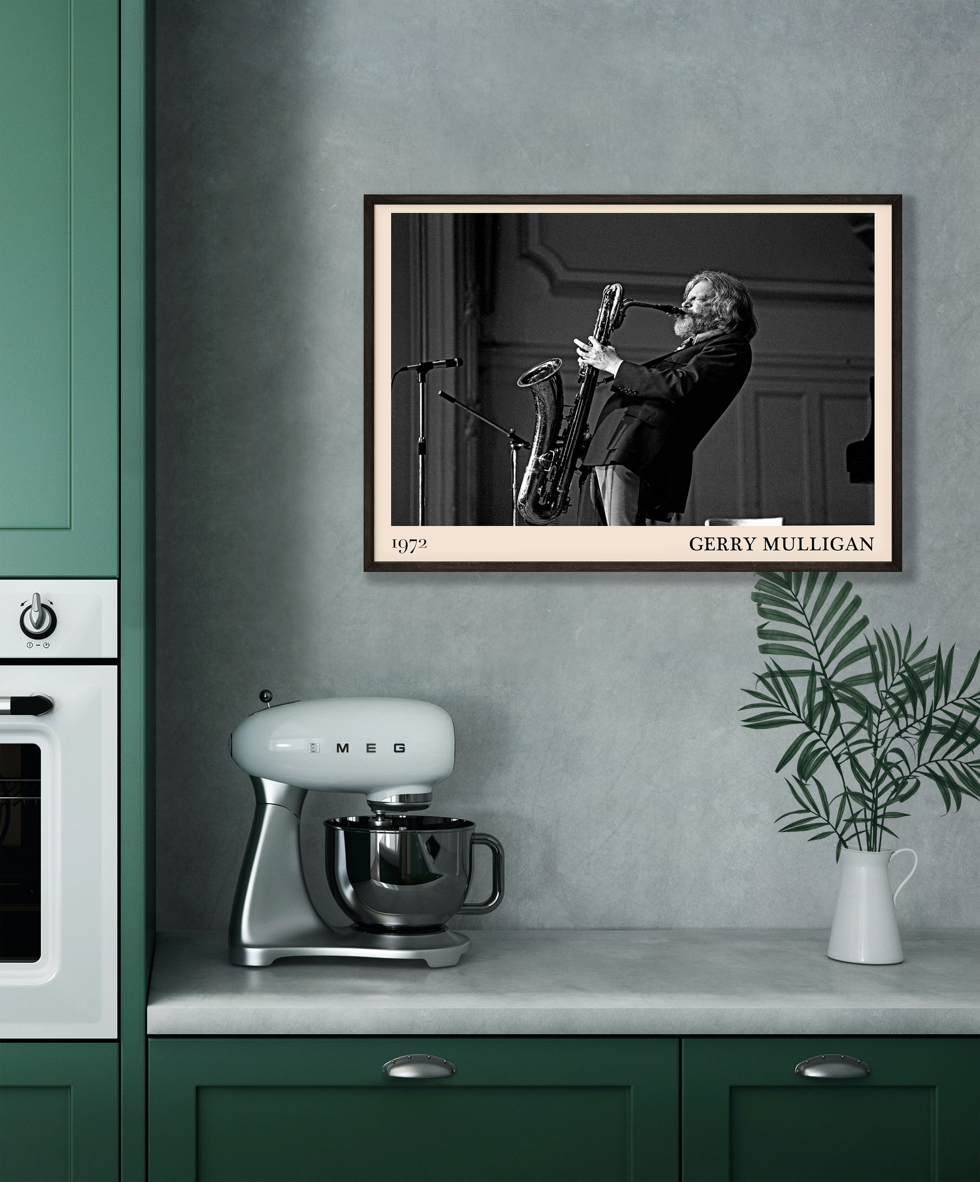 1972 photo of Gerry Mulligan crafted into a black framed-poster, hanging on a grey kitchen wall