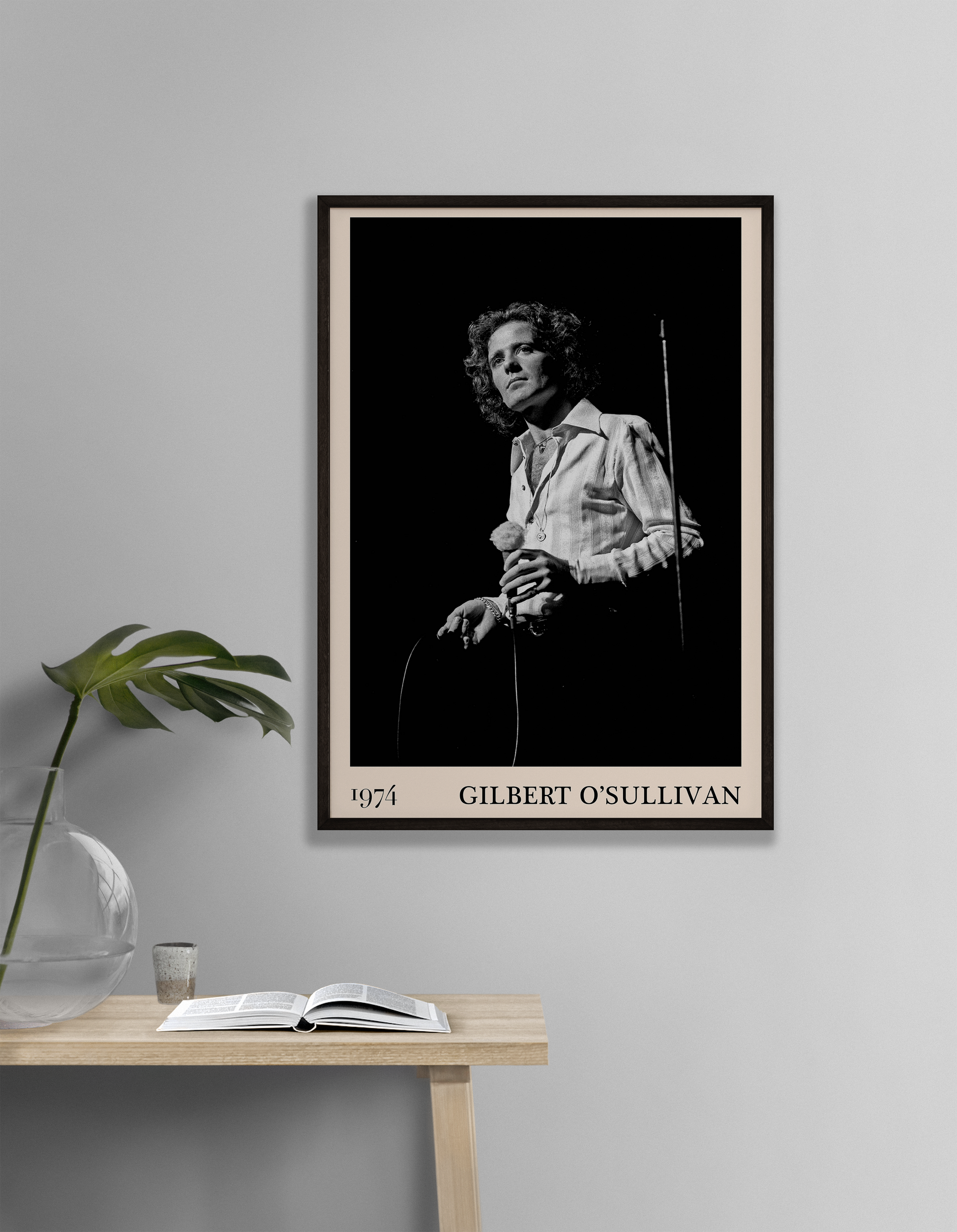 Classic photograph of Gilbert O'Sullivan performing, transformed into vintage wall decor by Dalston-based designers