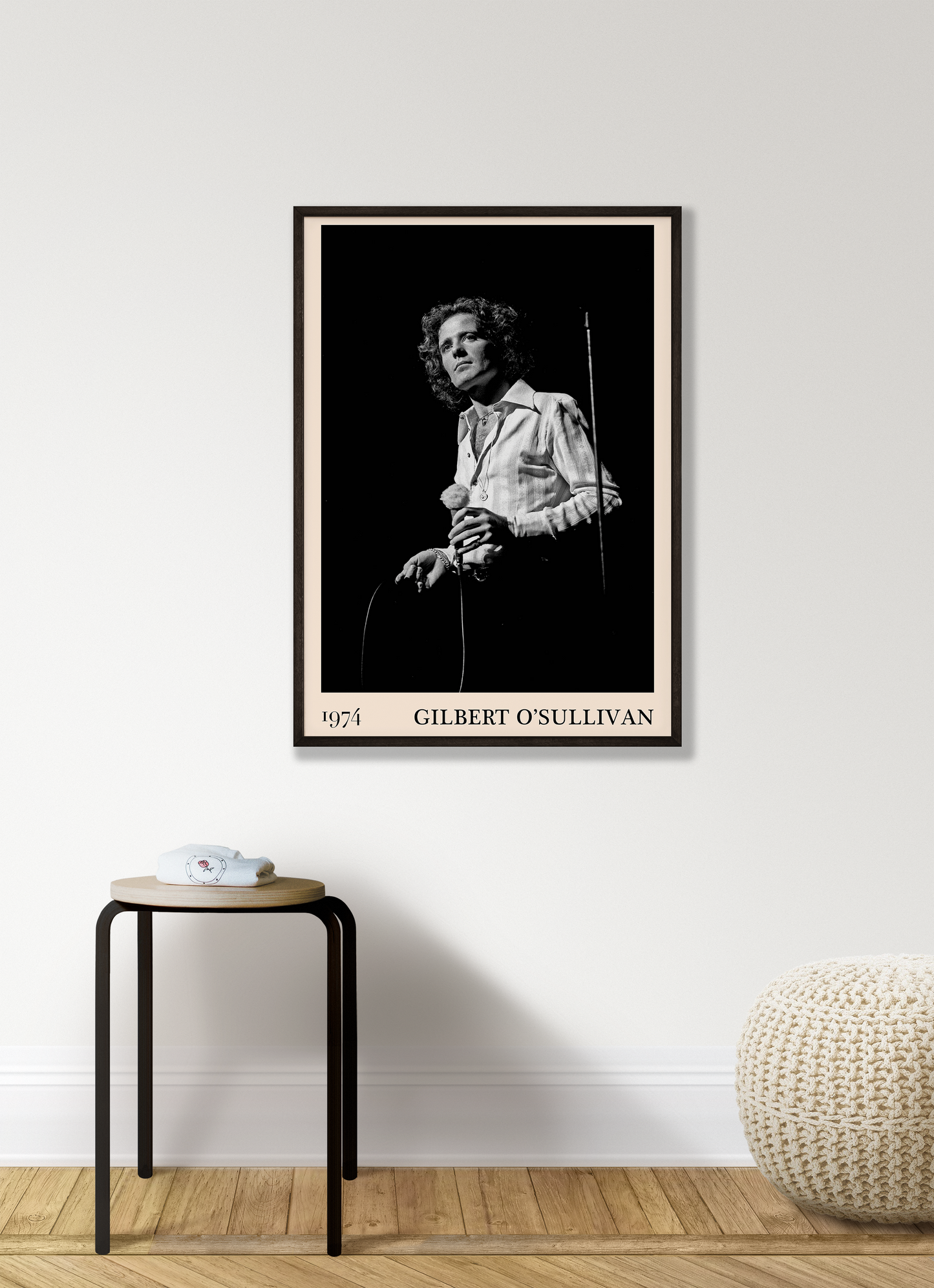 Classic photograph of Gilbert O'Sullivan performing, transformed into vintage wall decor by Dalston-based designers