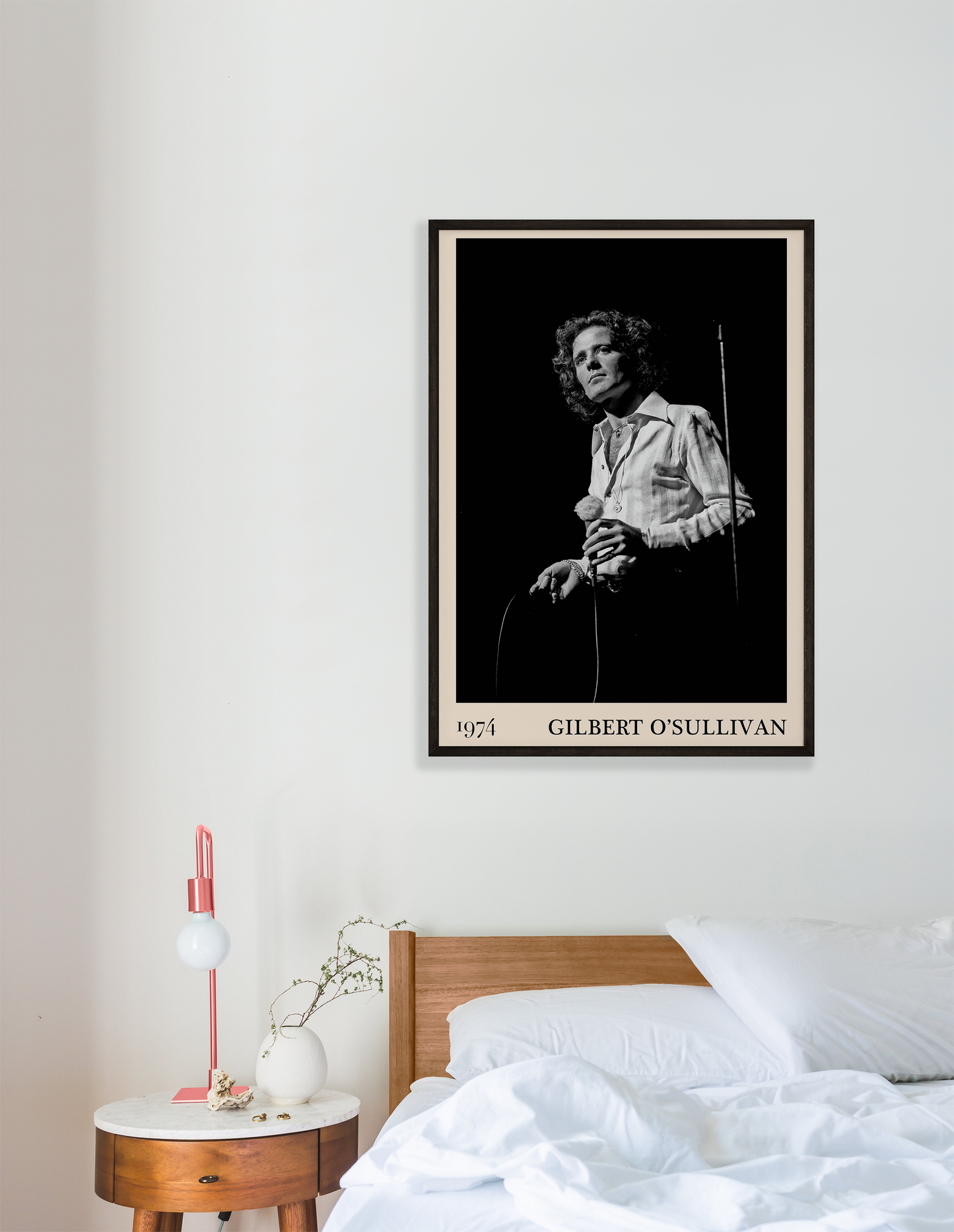 Classic photograph of Gilbert O'Sullivan performing, transformed into vintage wall decor by Dalston-based designers