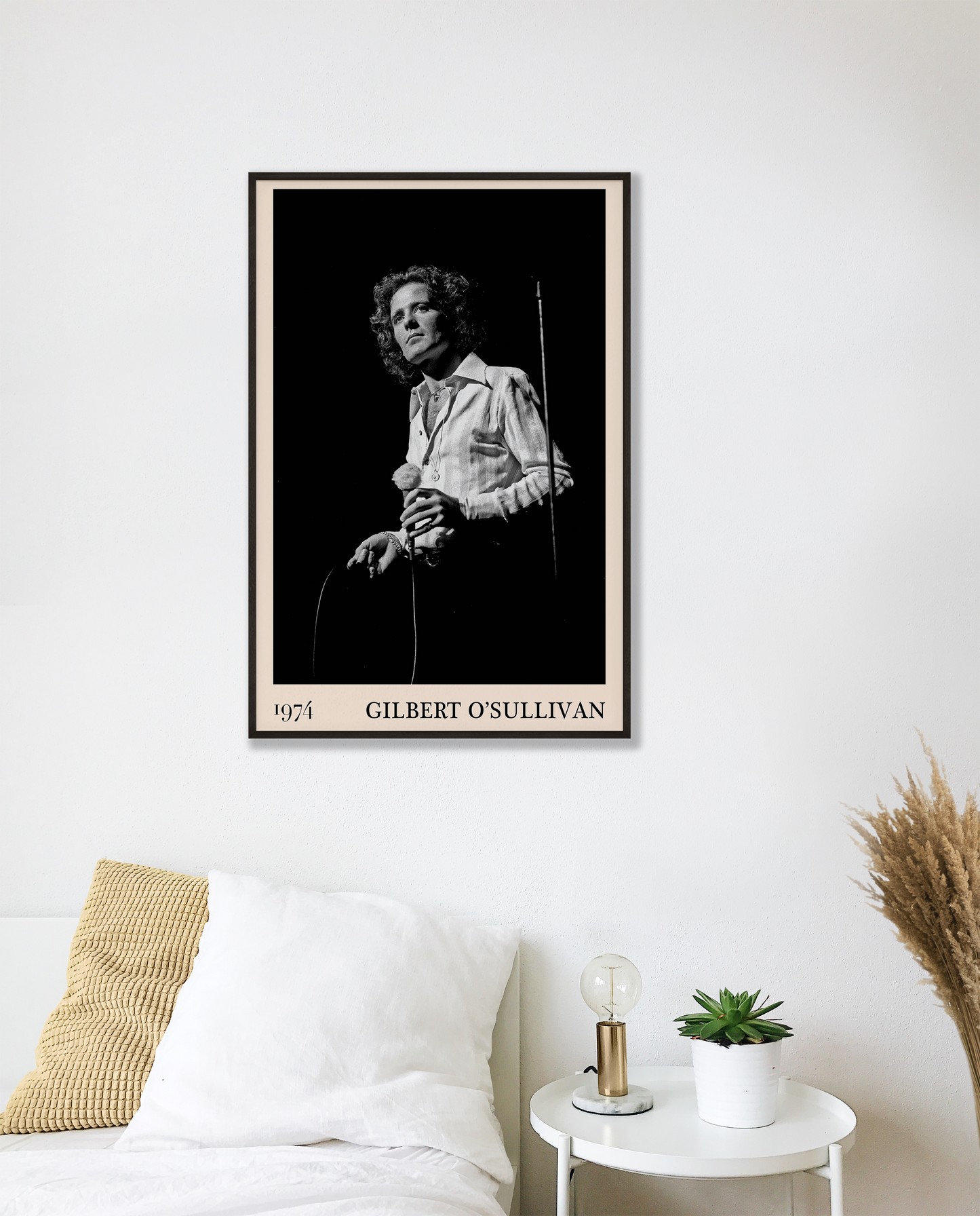 Classic photograph of Gilbert O'Sullivan performing, transformed into vintage wall decor by Dalston-based designers