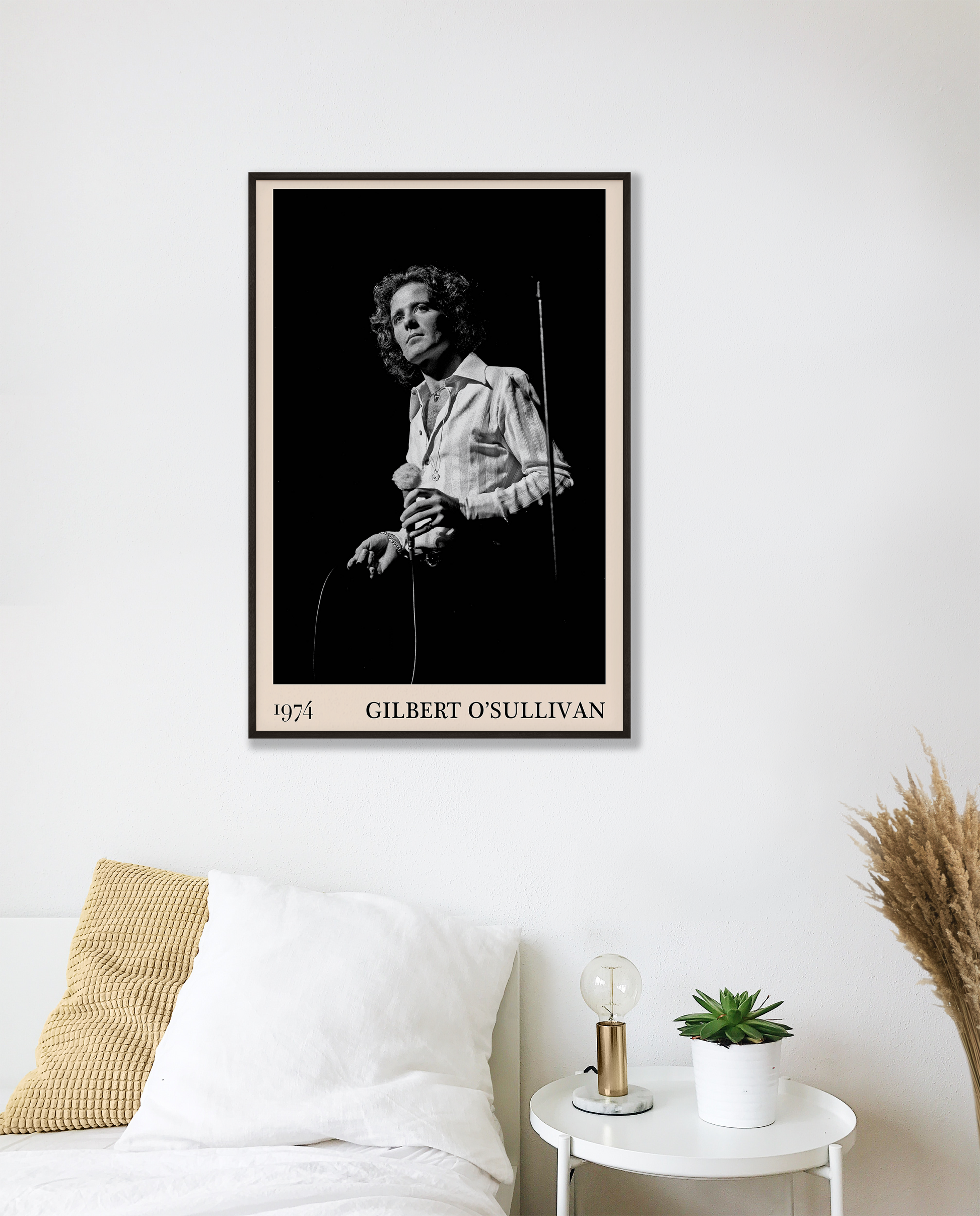 Classic photograph of Gilbert O'Sullivan performing, transformed into vintage wall decor by Dalston-based designers