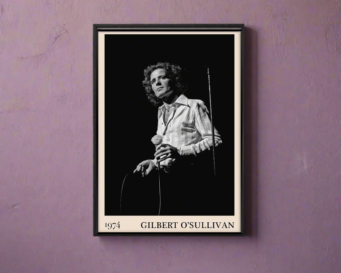 Classic photograph of Gilbert O'Sullivan performing, transformed into vintage wall decor by Dalston-based designers