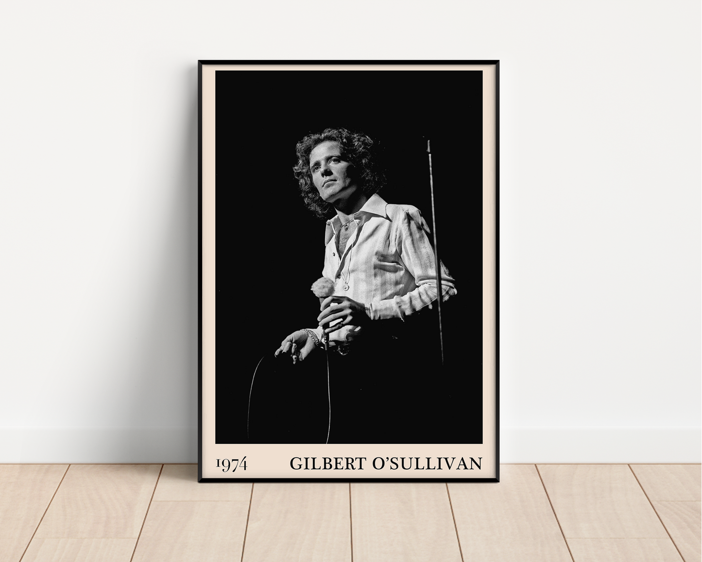 Classic photograph of Gilbert O'Sullivan performing, transformed into vintage wall decor by Dalston-based designers