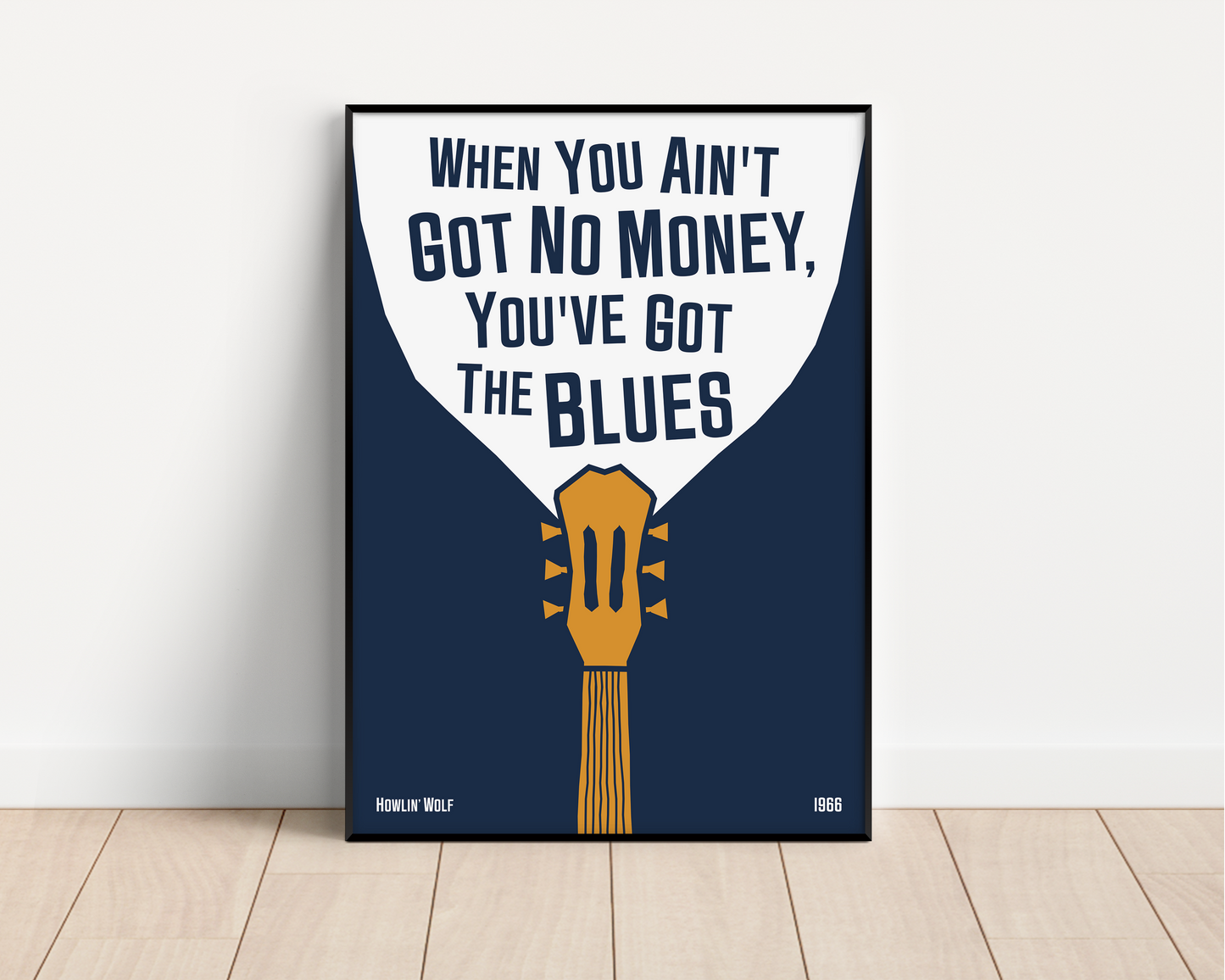 Cool blues music poster with guitar design, featuring a Howlin' Wolf quote. Retro black frame print, leaning against a white wall, perfect home decor.