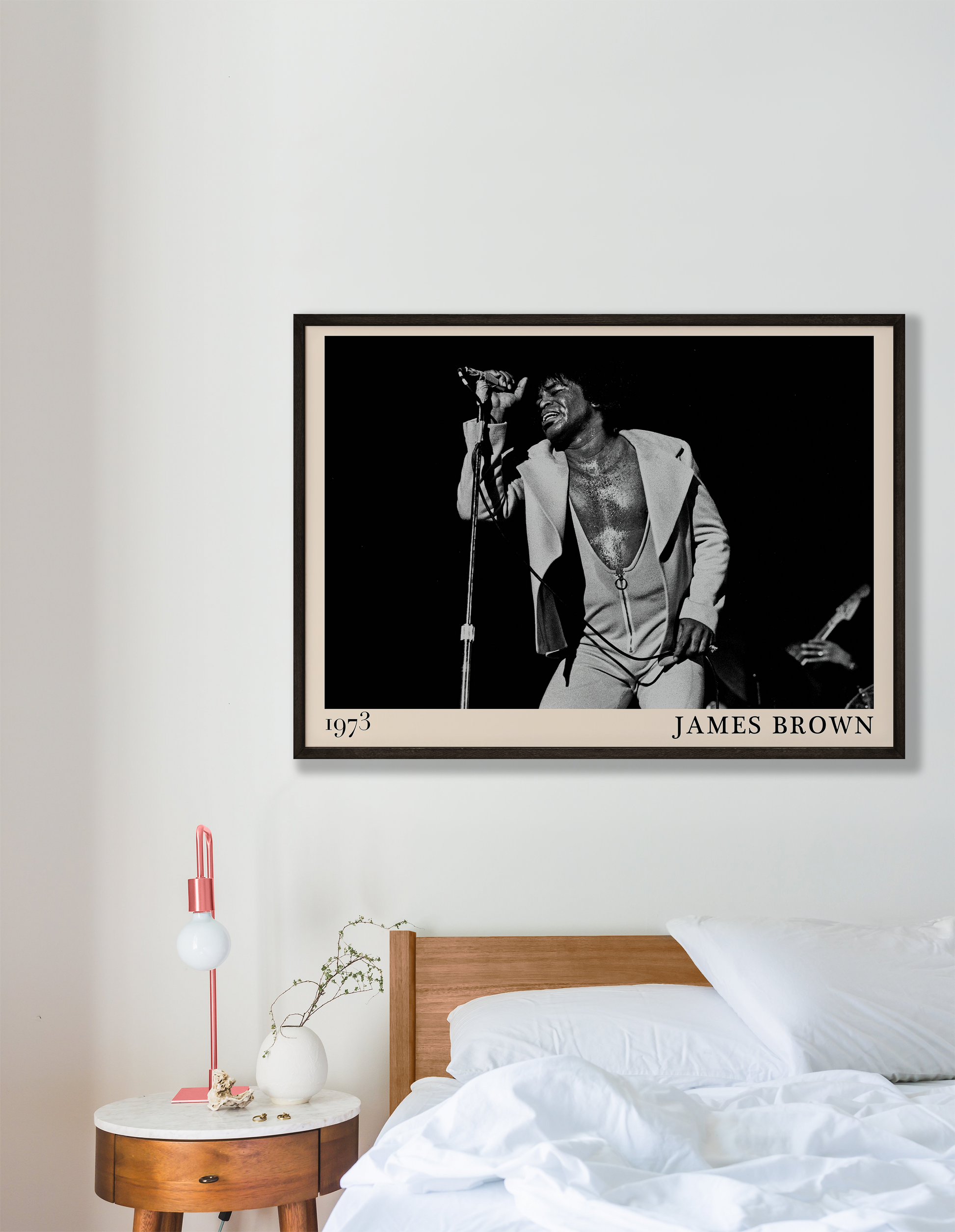 black and white mage of funk pioneer James Brown, reimagined as retro wall art by jazz and blues-inspired Dalston designers.