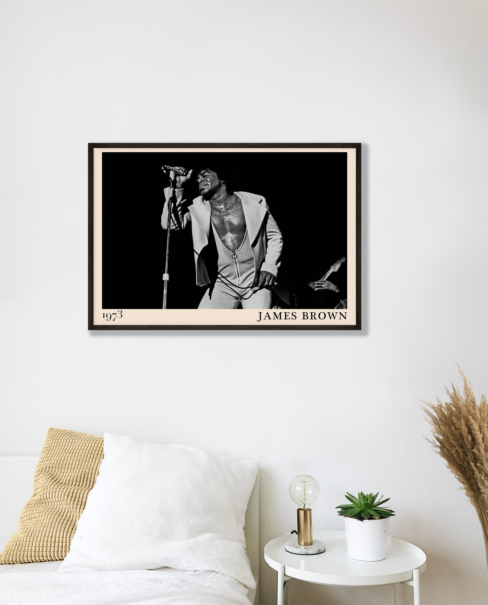 black and white mage of funk pioneer James Brown, reimagined as retro wall art by jazz and blues-inspired Dalston designers.