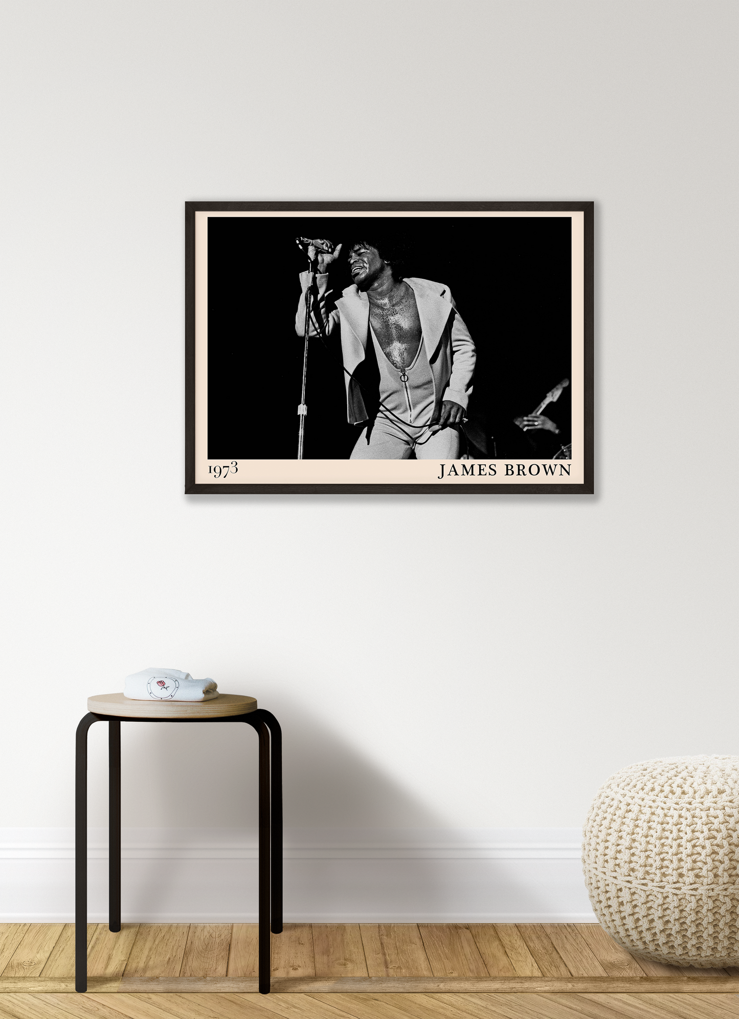 black and white mage of funk pioneer James Brown, reimagined as retro wall art by jazz and blues-inspired Dalston designers.