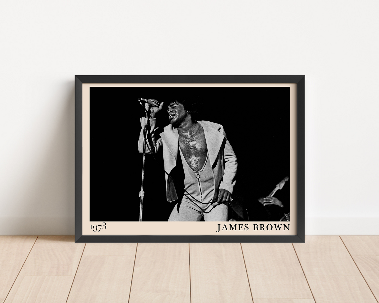 black and white mage of funk pioneer James Brown, reimagined as retro wall art by jazz and blues-inspired Dalston designers.